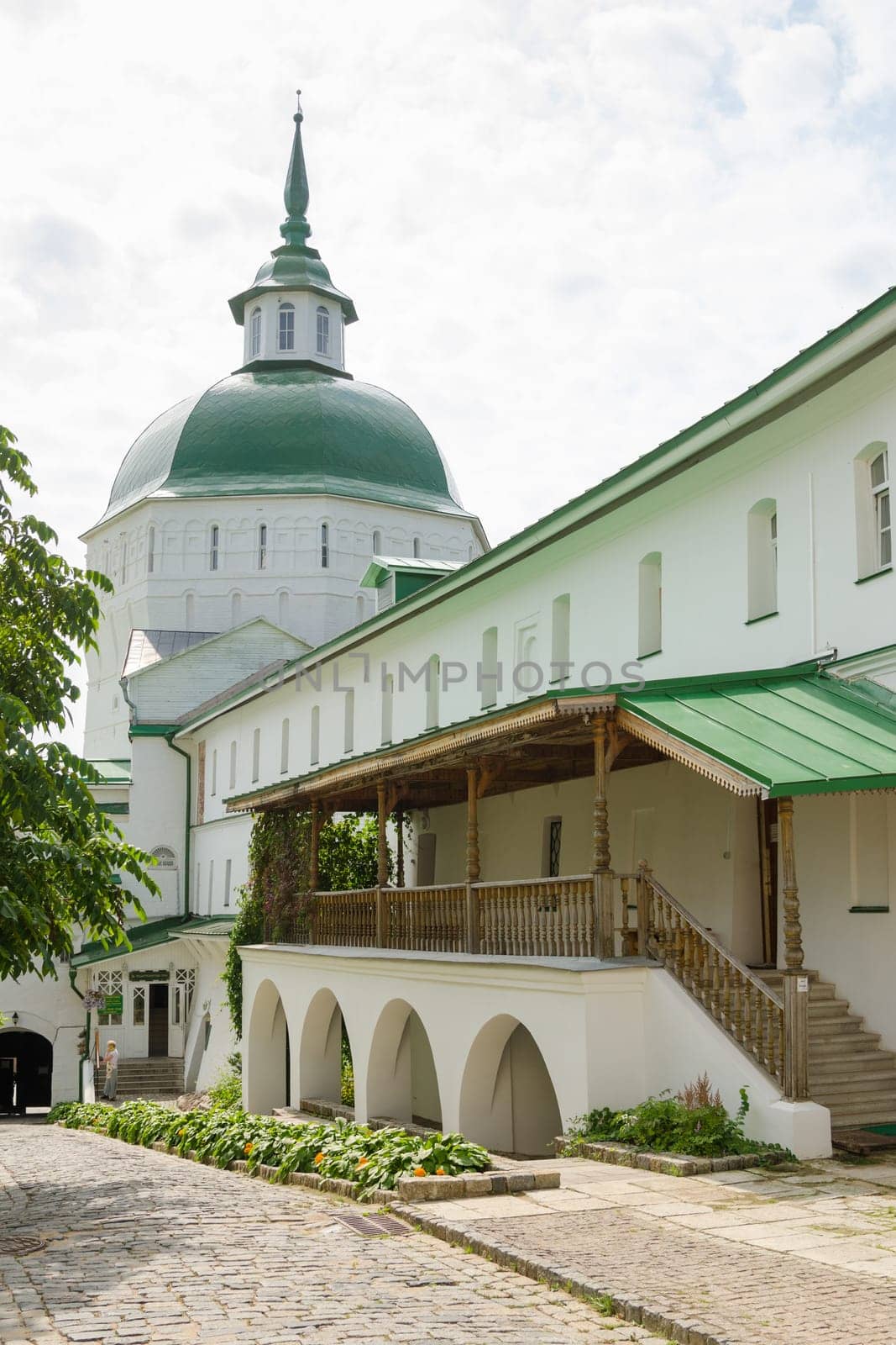 Sergiev Posad - August 10, 2015: View of the water tower and the wall adjacent to it on the part of the temple of the Holy Trinity - St. Sergius Lavra in Sergiev Posad