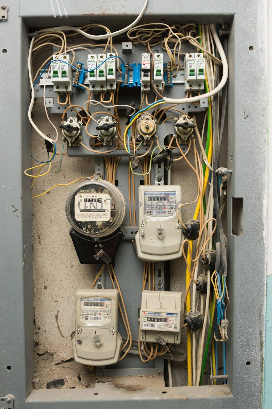 Volgograd, Russia - October 10, 2016: Electrical panels with electricity meters, installed on the floor of a multistory apartment building