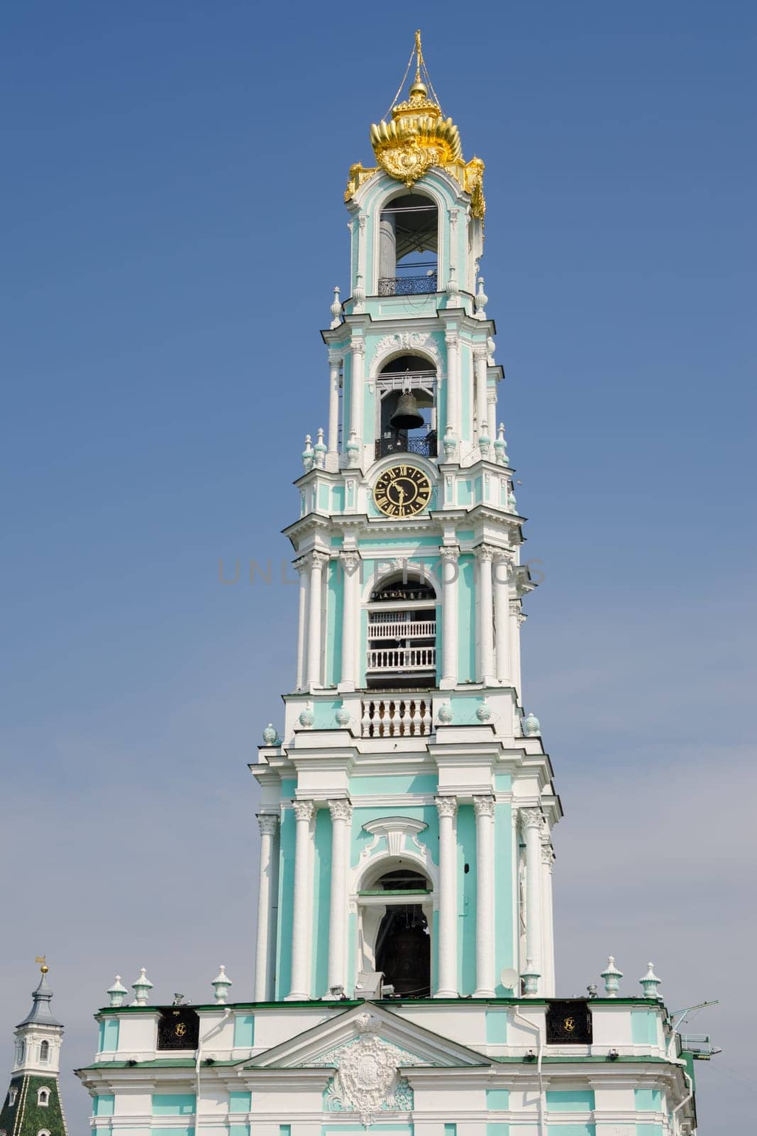 Sergiev Posad - August 10, 2015: View of the upper part of the bell tower of the Trinity-Sergius Lavra