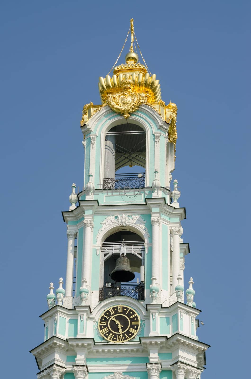 Sergiev Posad - August 10, 2015: View of the bell tower of the clock and the bells of Holy Trinity Sergius Lavra