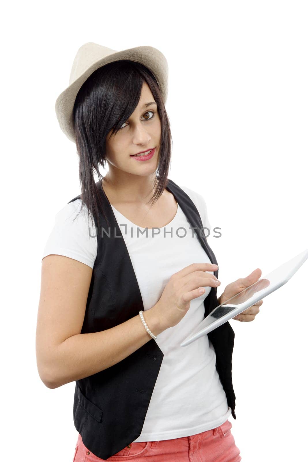 young brunette girl with computer tablet isolated on white background