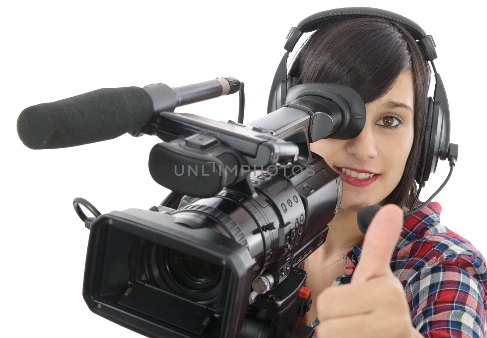 pretty young brunette girl with a professional camcorder, isolated on white background