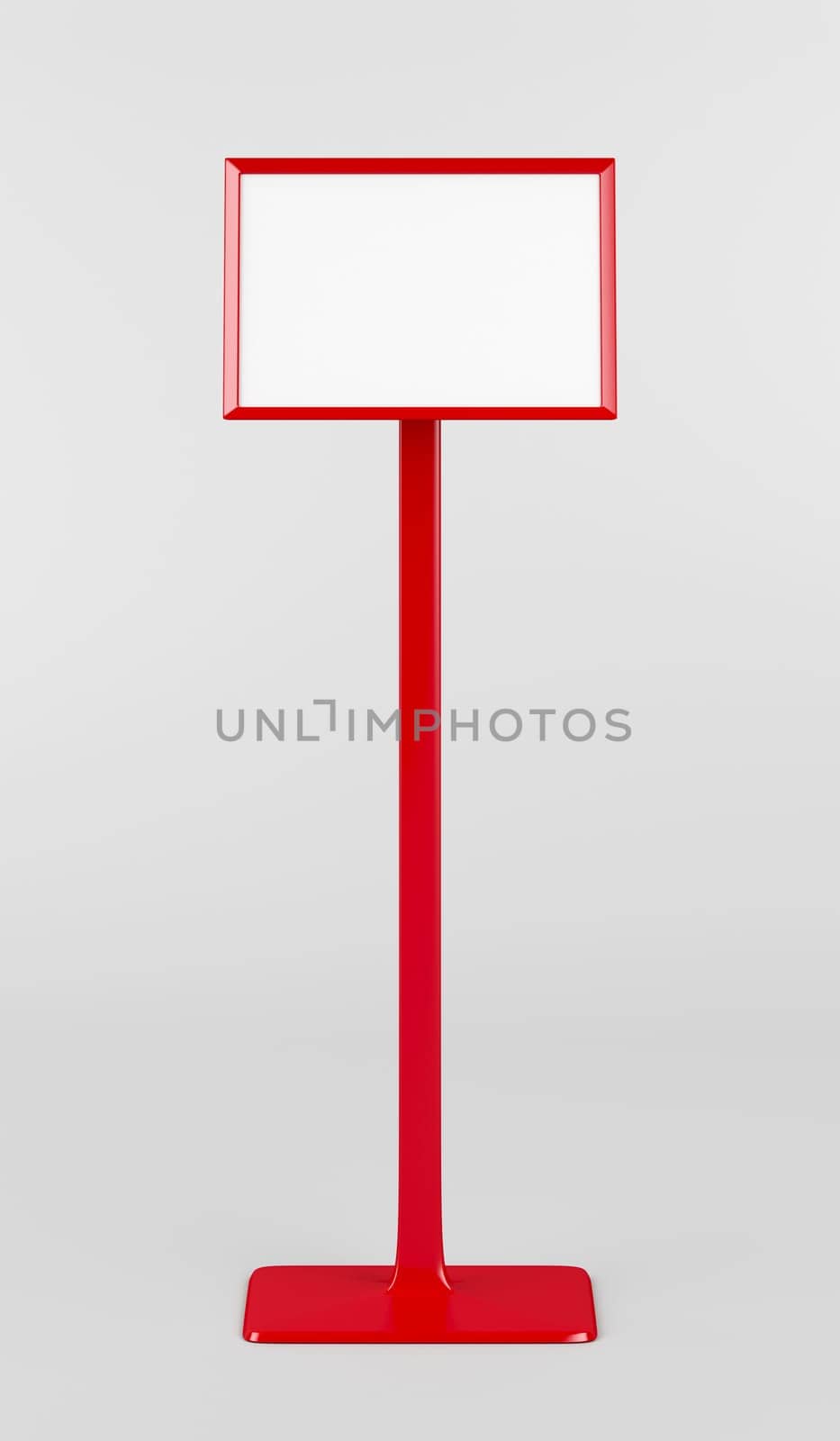 Front view of red info stand on gray background