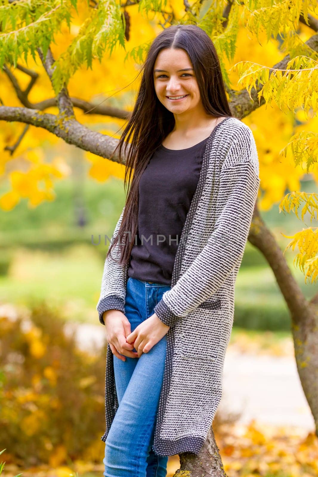 Portrait of pretty teen girl in autumn park. Smiling happy girl portrait, autumn outdoor.