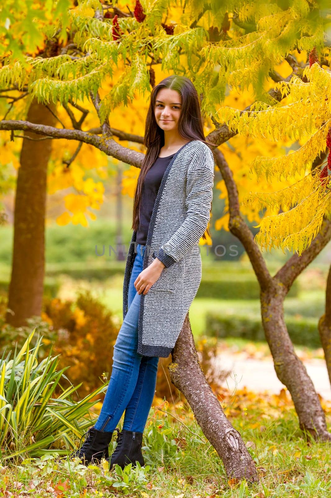 Portrait of pretty teen girl in autumn park. Smiling happy girl portrait, autumn outdoor.
