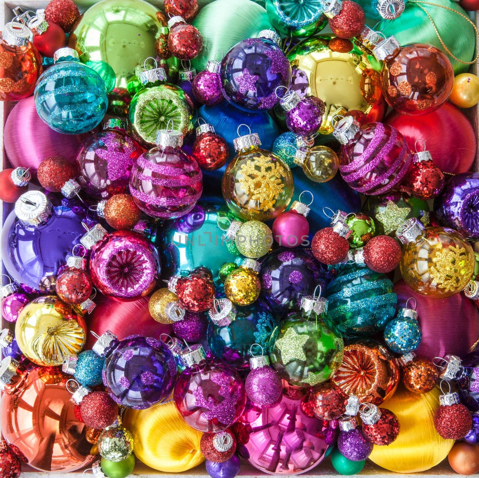 Various Christmas tree balls in bright colors for Christmas