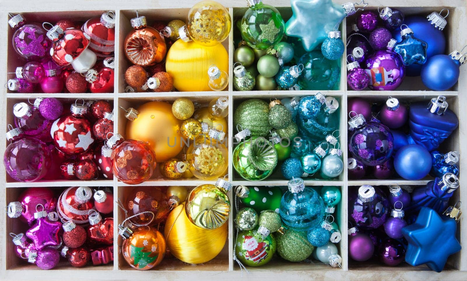 Various Christmas tree balls in bright colors for Christmas