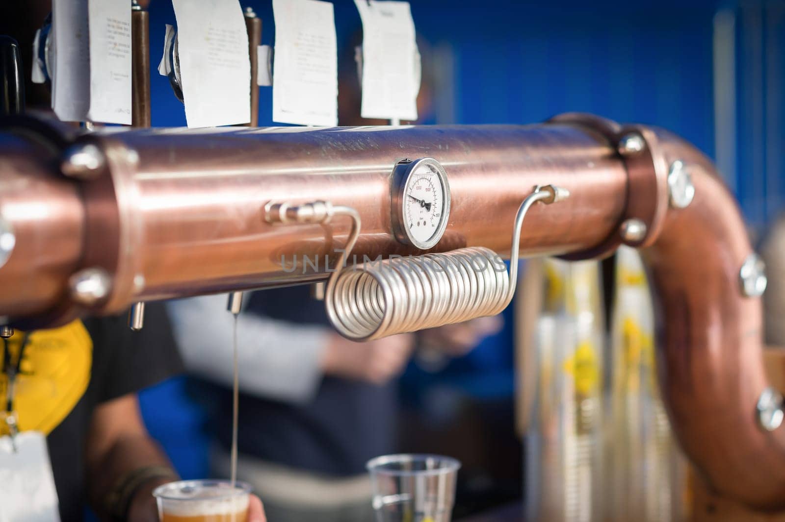 Detail of the draft beer system..Pressure gauge and drain pressure.