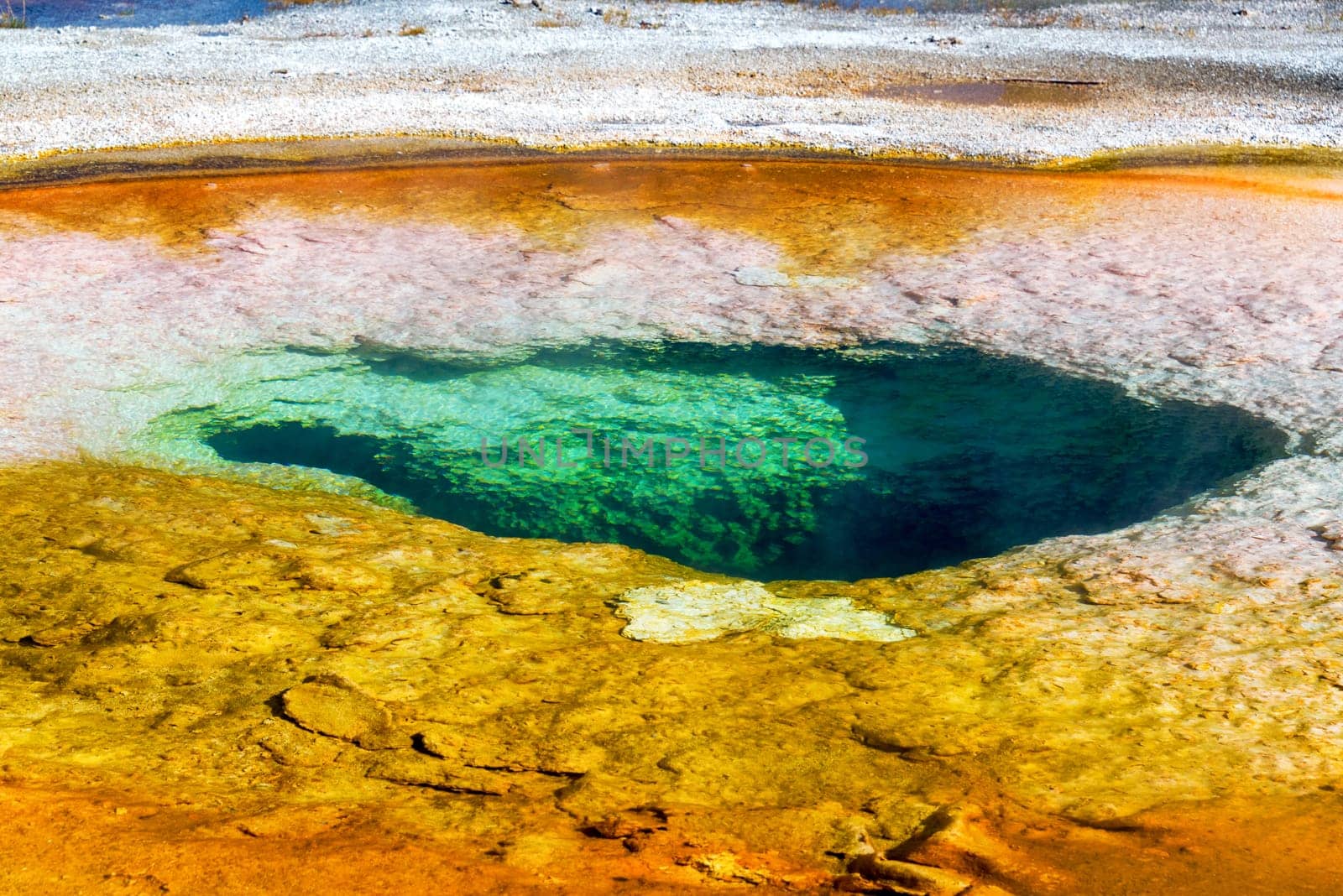 Closeup view of the Chromatic Pool in the Upper Geyser Basin in Yellowstone National Park