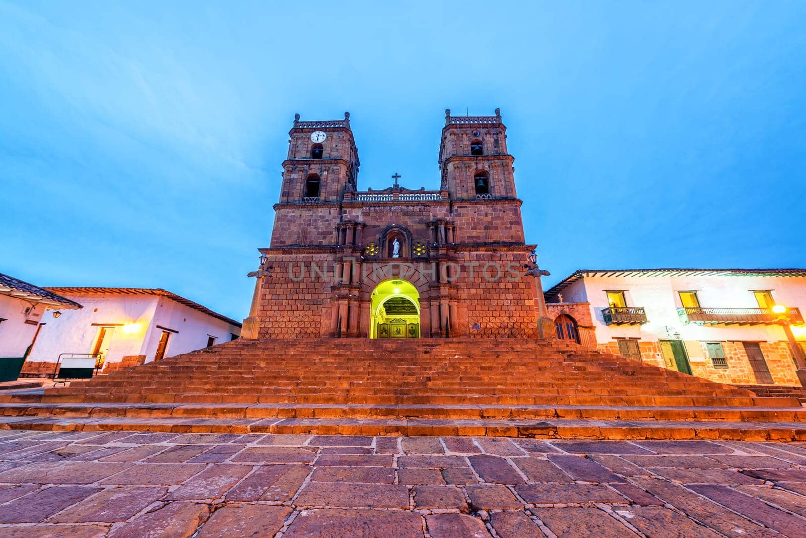 Nighttime view of the sandstone cathedral in the colonial town of Barichara, Colombia