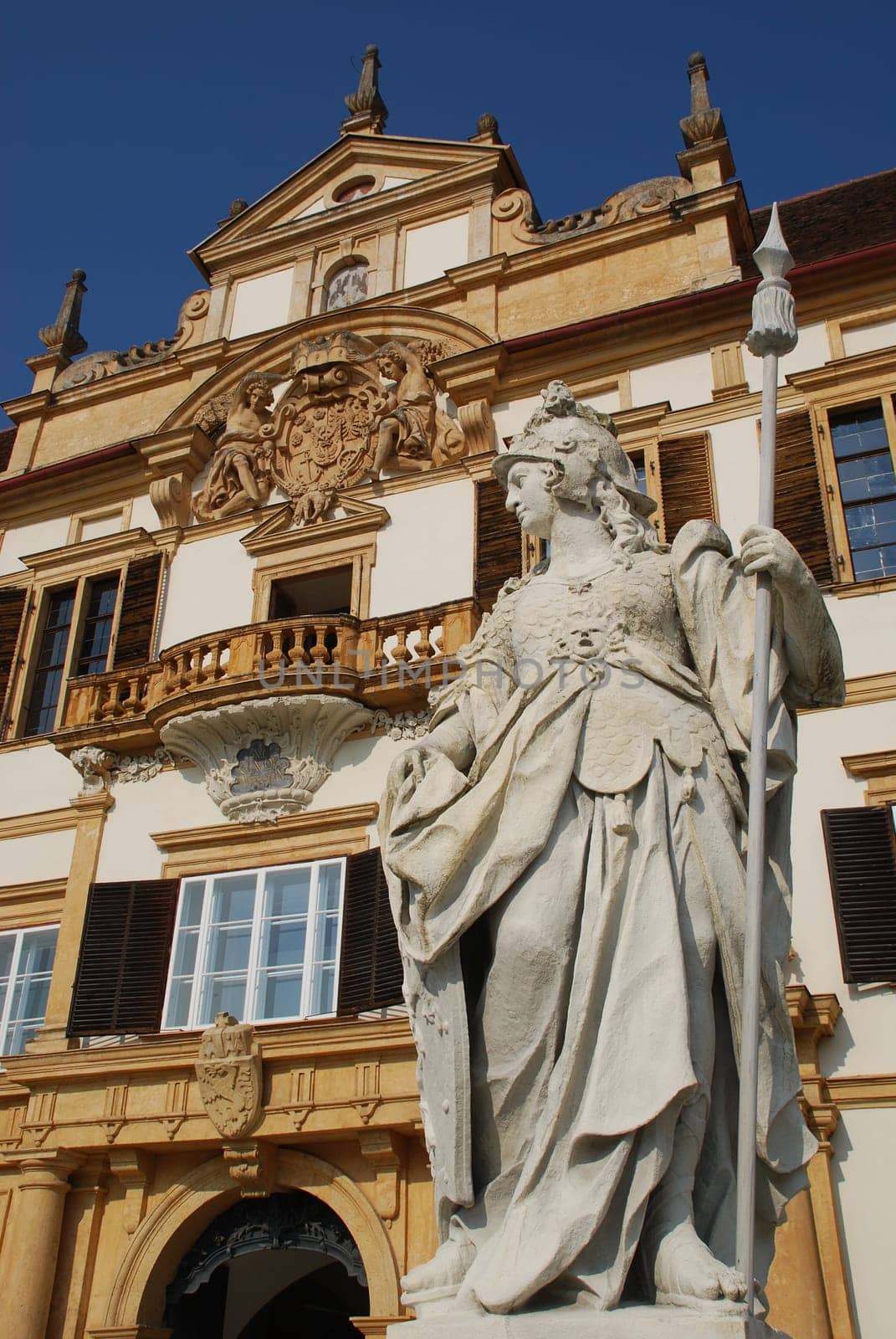 Graz Schloss Eggenberg Baroque Figure Goddess Minerva Patron Goddess Landmark Sandstone Sight Sculpture Colossal Figure TOP Entrance Fees Eggenberg Unesco World Heritage Site Guided Tours