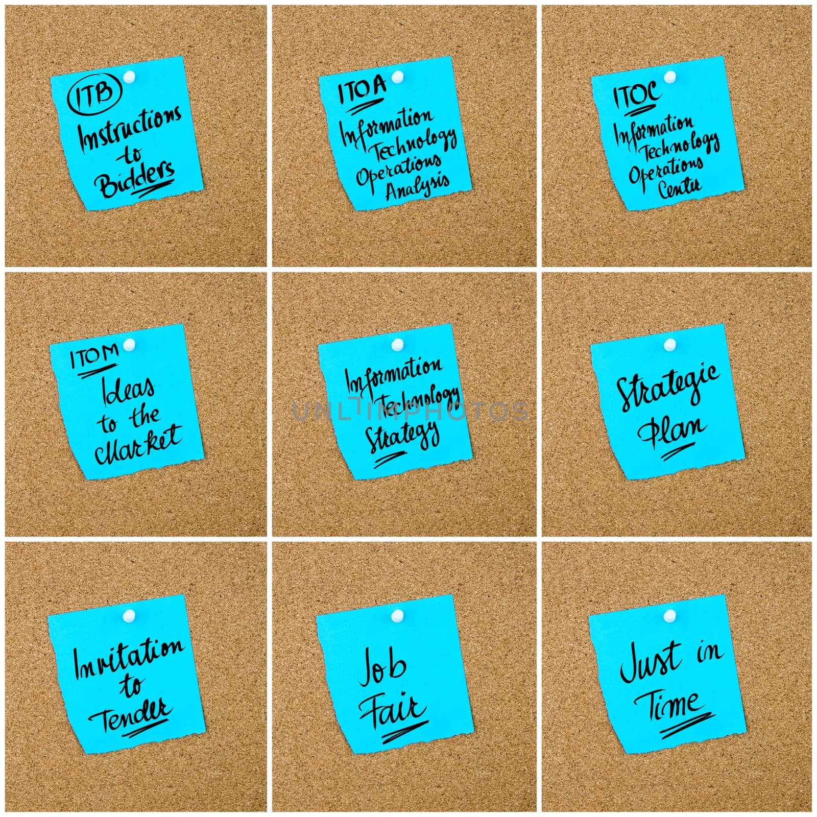 Collage of Business Acronyms written on blue paper note pinned on cork board with white thumbtack, copy space available