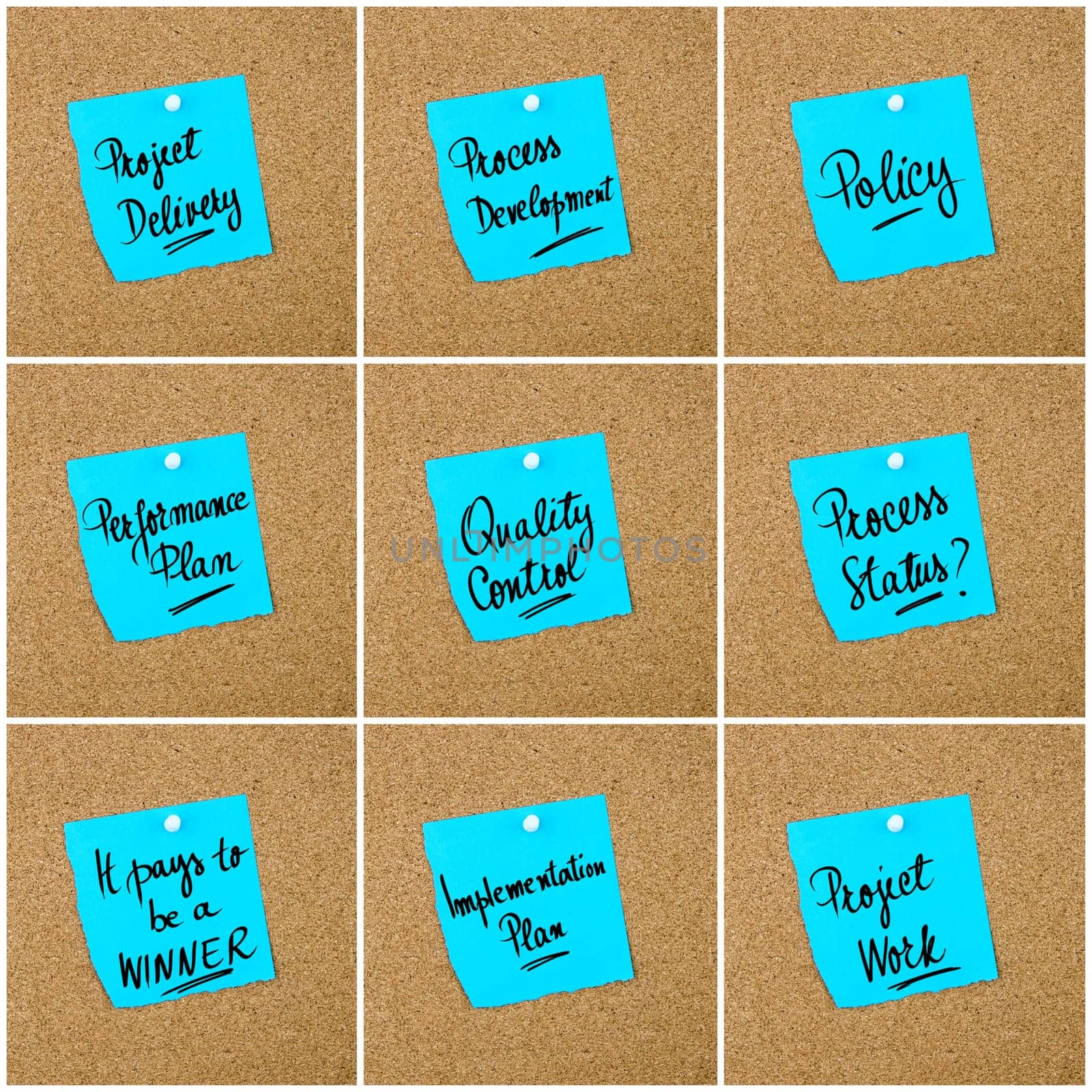 Collage of Business Acronyms written on blue paper note pinned on cork board with white thumbtack, copy space available