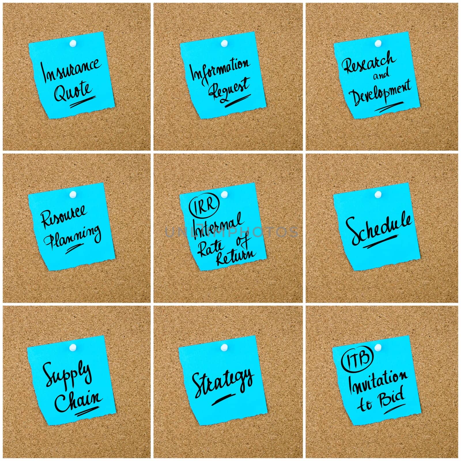 Collage of Business Acronyms written on blue paper note pinned on cork board with white thumbtack, copy space available