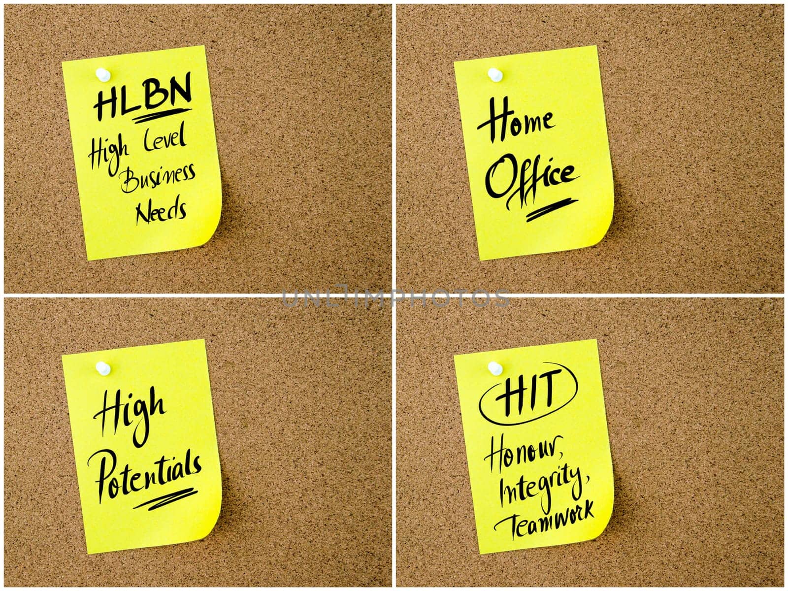 Collage of Business Acronyms written on yellow paper note pinned on cork board with white thumbtack, copy space available