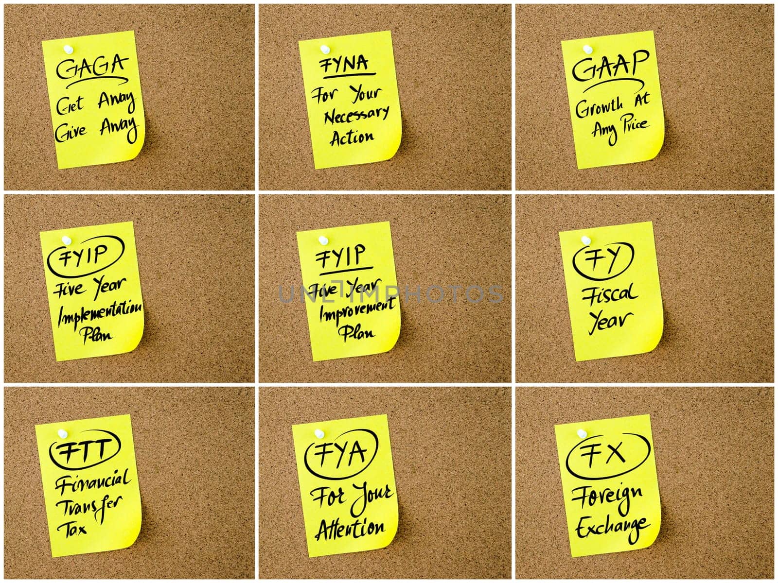 Collage of Business Acronyms written on yellow paper note pinned on cork board with white thumbtack, copy space available