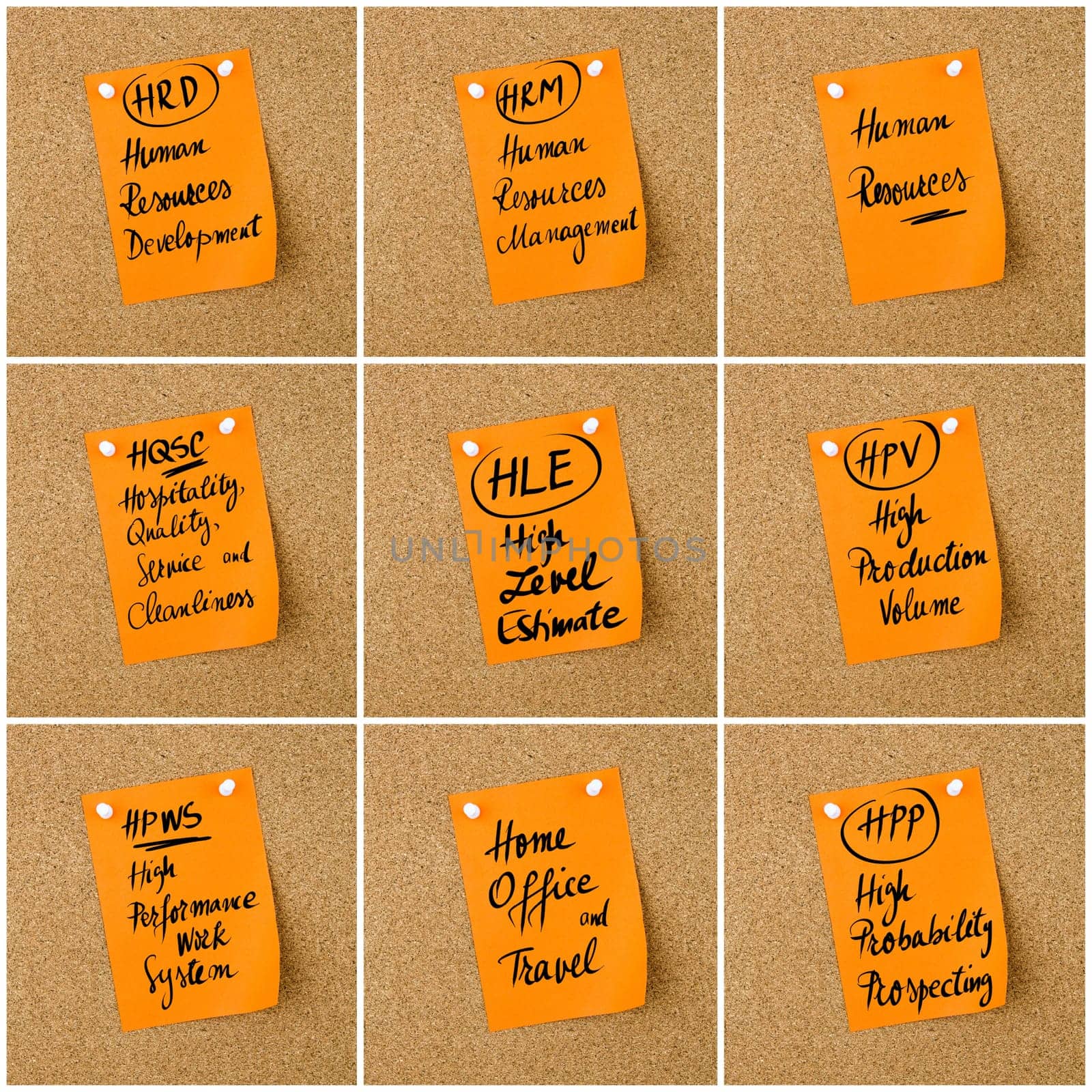Collage of Business Acronyms written on orange paper note pinned on cork board with white thumbtack, copy space available