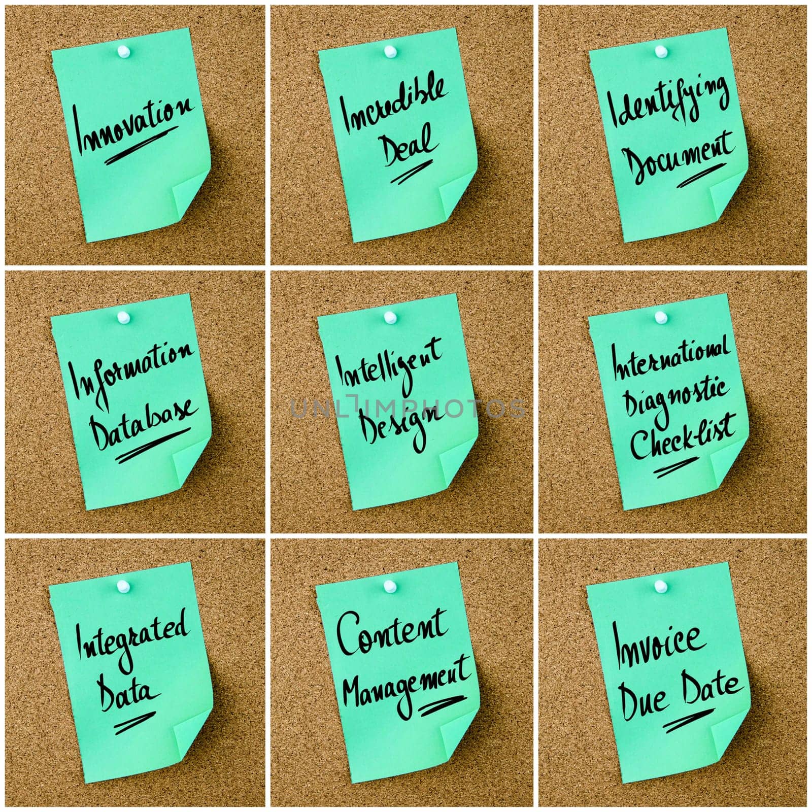Collage of Business Acronyms written on green paper note pinned on cork board with white thumbtack, copy space available
