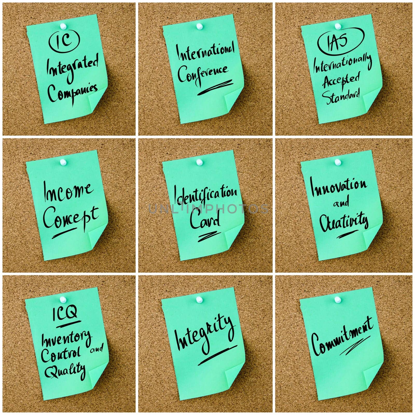 Collage of Business Acronyms written on green paper note pinned on cork board with white thumbtack, copy space available
