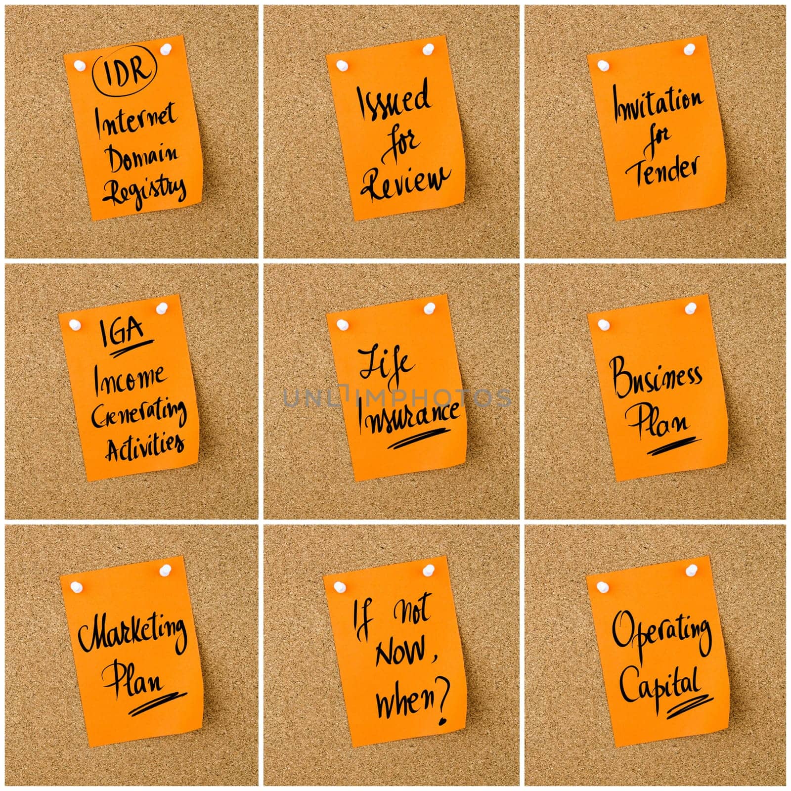 Collage of Business Acronyms written on orange paper note pinned on cork board with white thumbtack, copy space available