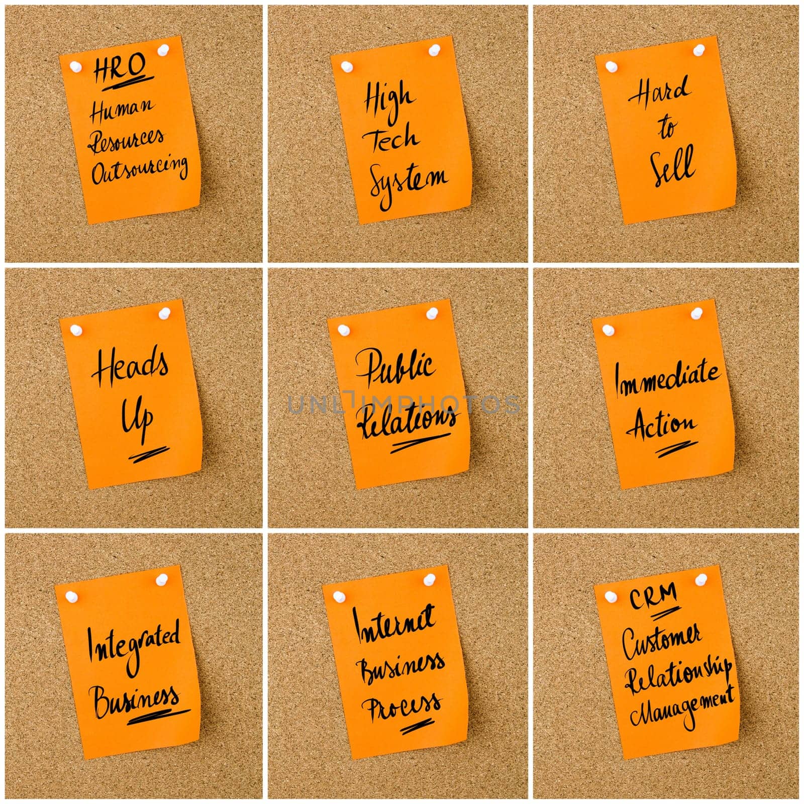 Collage of Business Acronyms written on orange paper note pinned on cork board with white thumbtack, copy space available