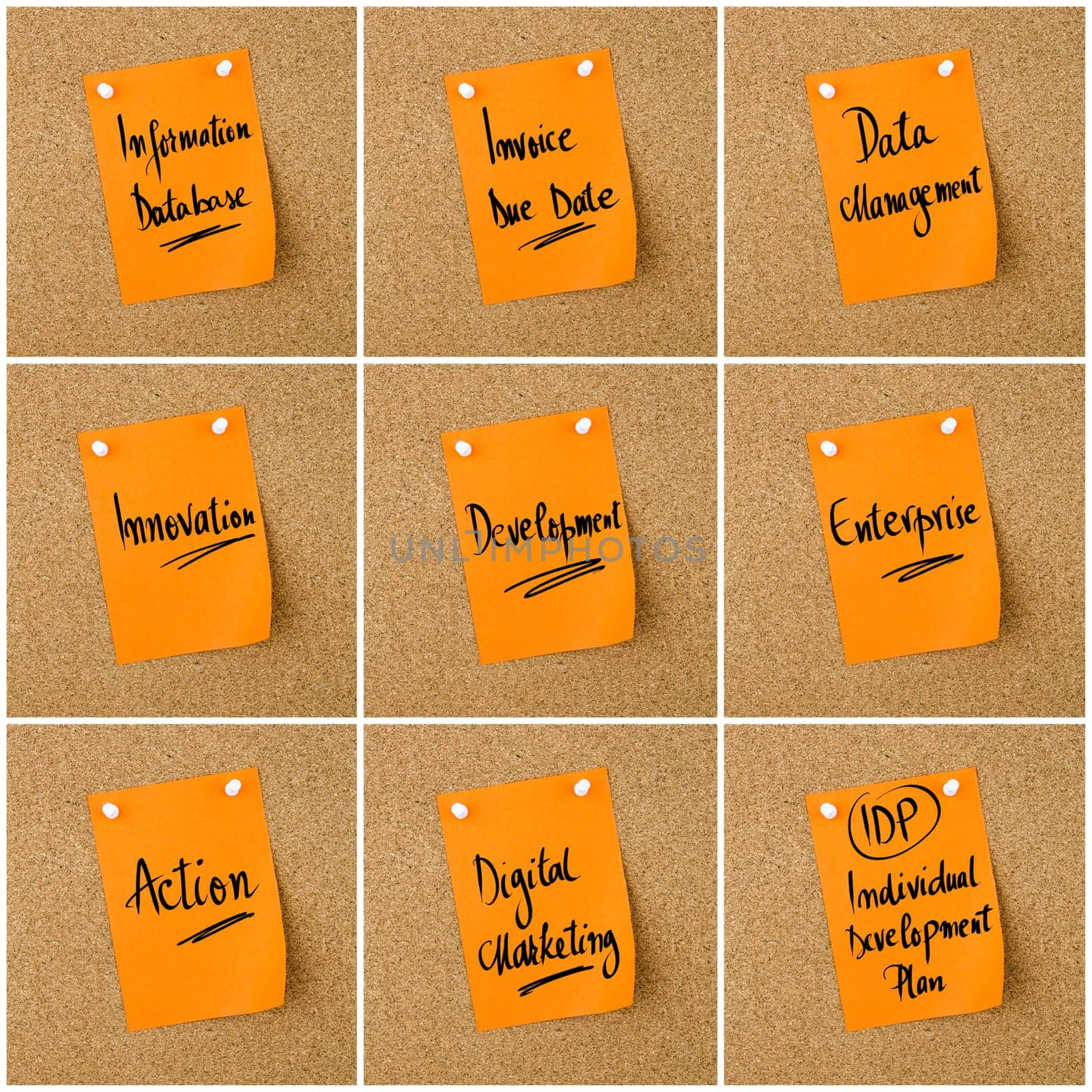 Collage of Business Acronyms written on orange paper note pinned on cork board with white thumbtack, copy space available