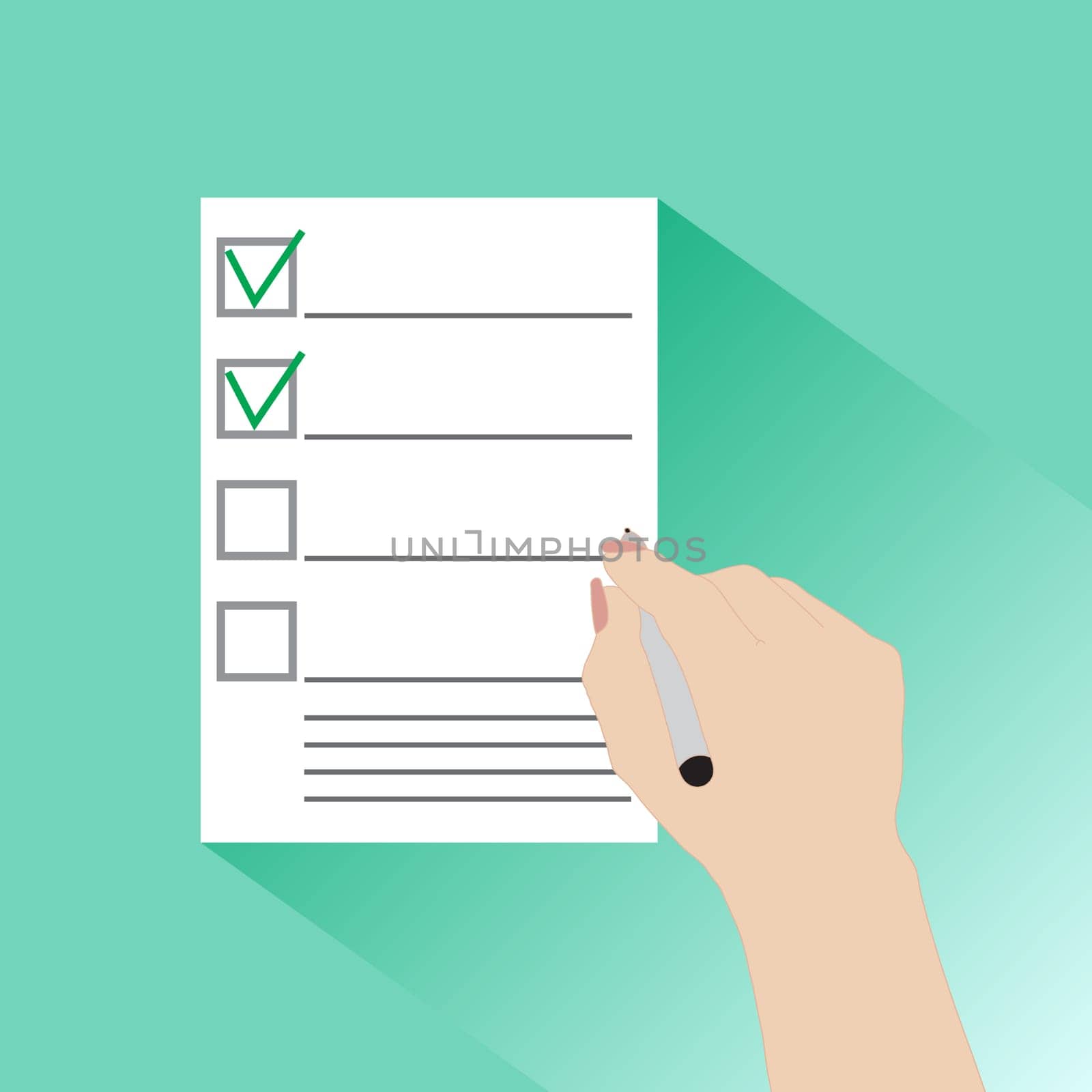 Hand of a businessman holding a questionnaire, contract, agreement, document. Flat illustration style. Vector illustration.
