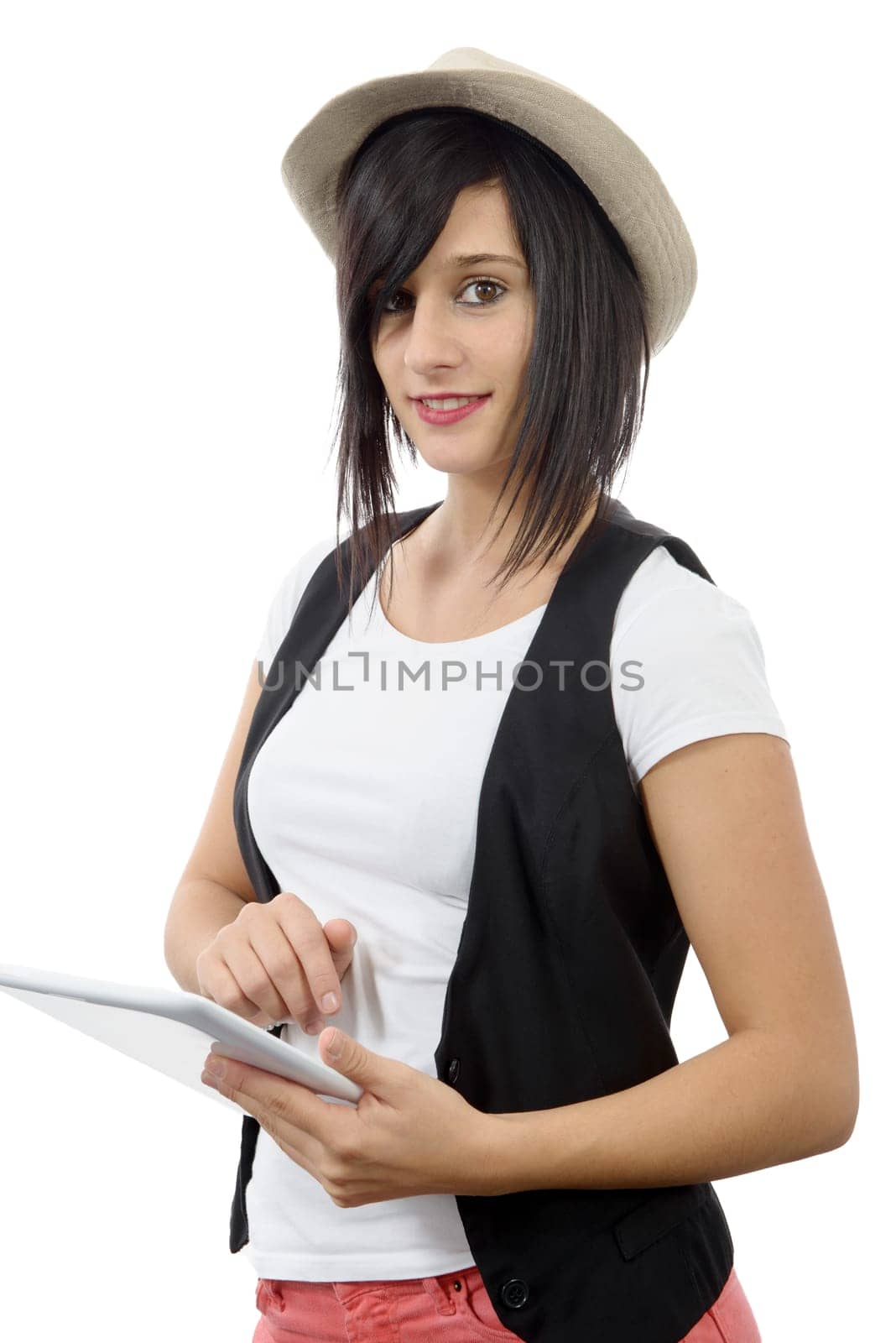 young brunette girl with computer tablet isolated on white background