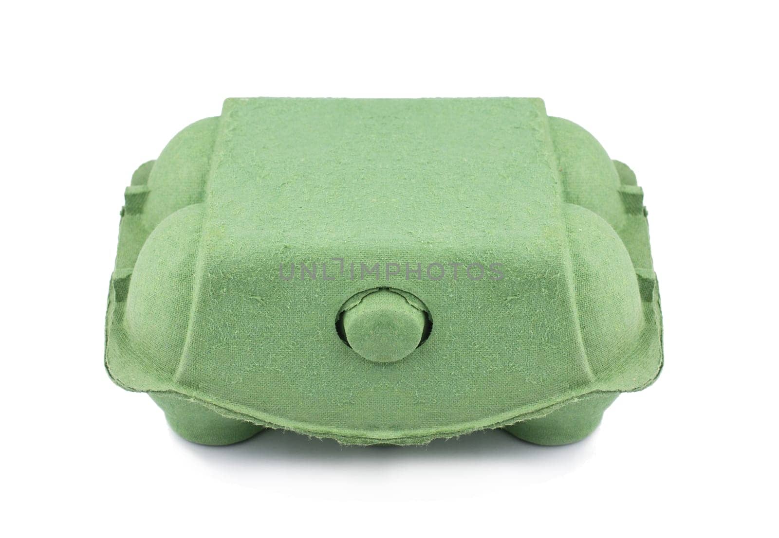 Front view of closed green cardboard six egg pack isolated on white background