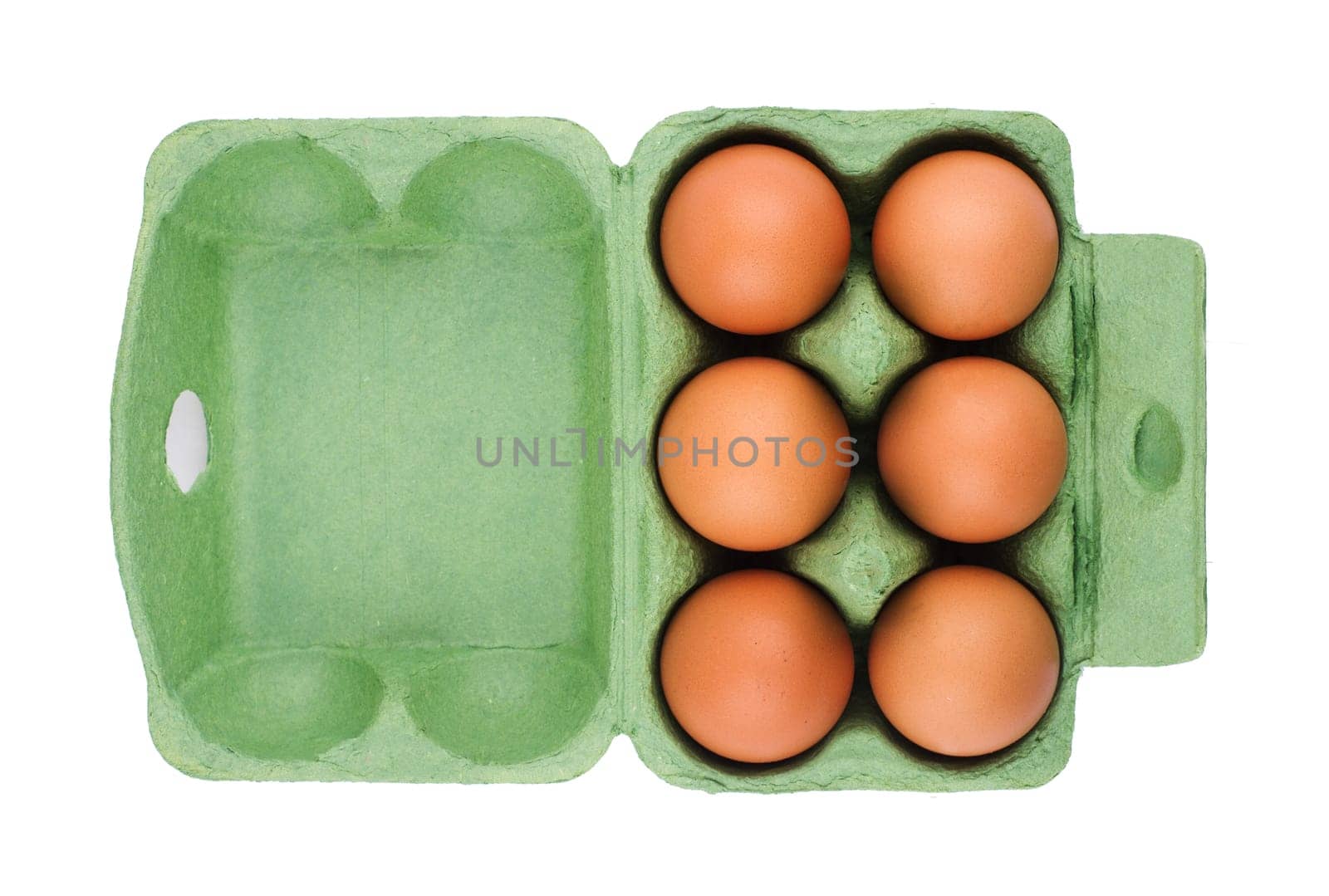 Top view of green eco six egg cardboard open packaging isolated on white background