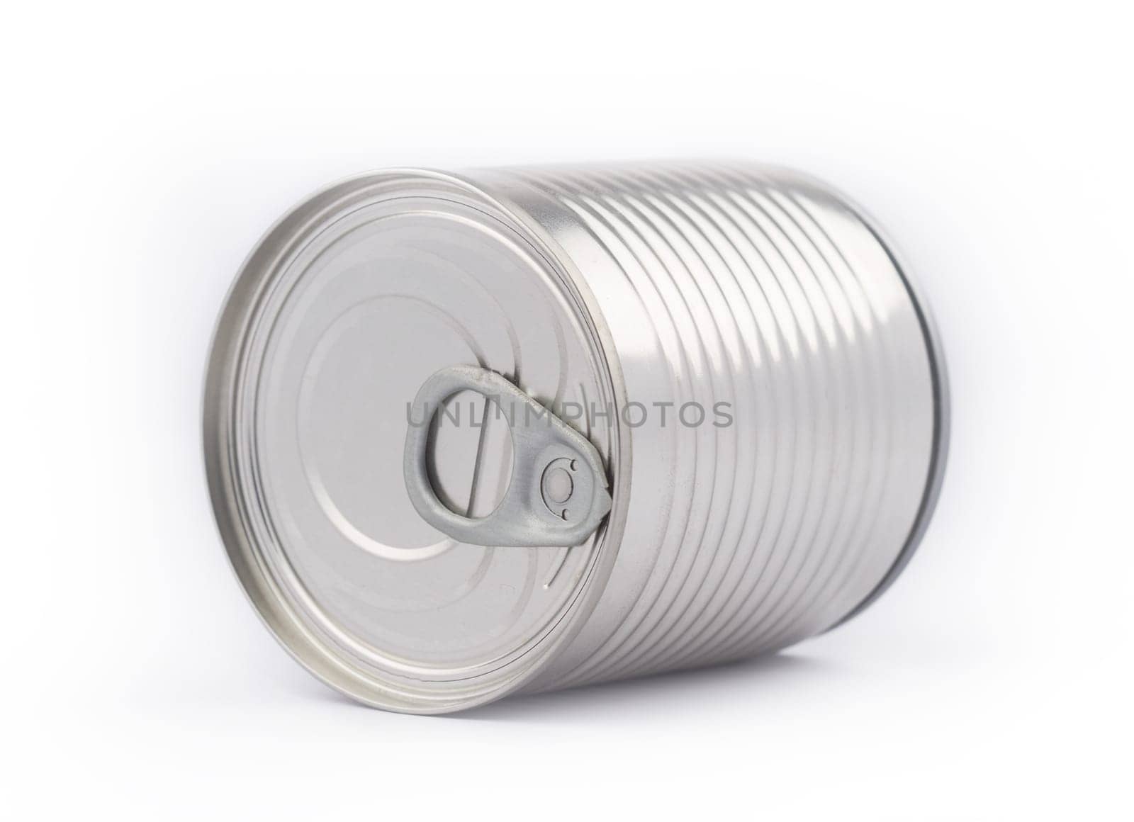 Perspective view of metal can industrial packaging with opener on white background