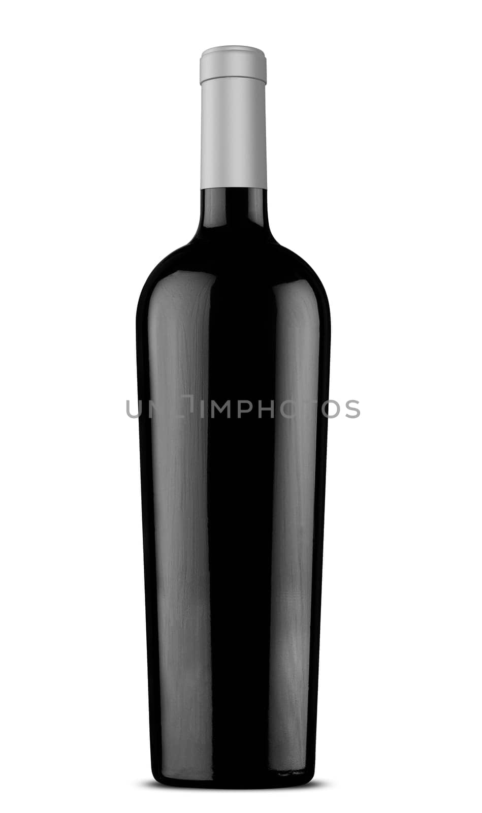 3d illustration of black conical shape wine bottle with silver cap isolated on white background