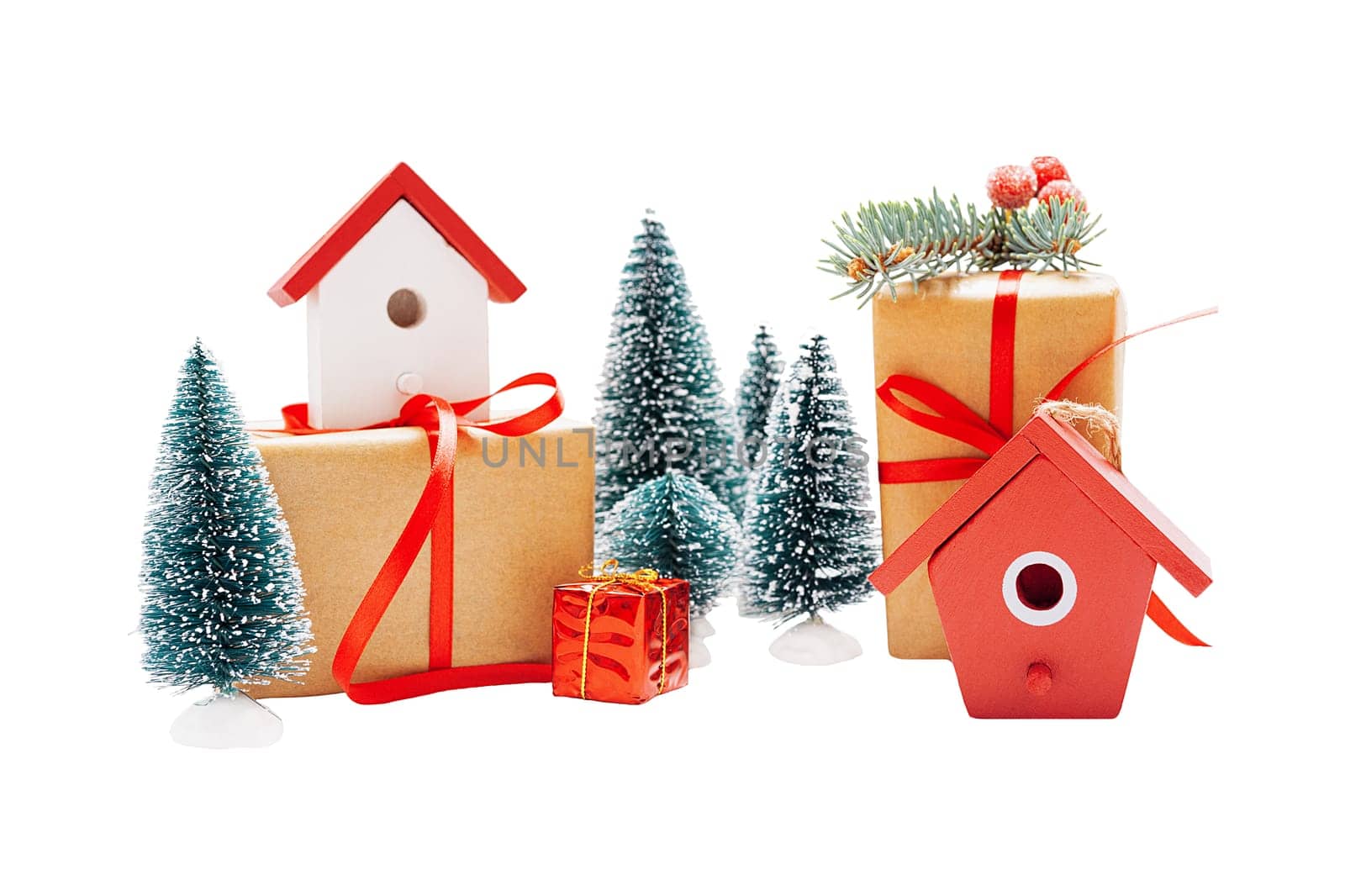 Christmas linear arrangement of birdhouses, trees and gift boxes isolated on white