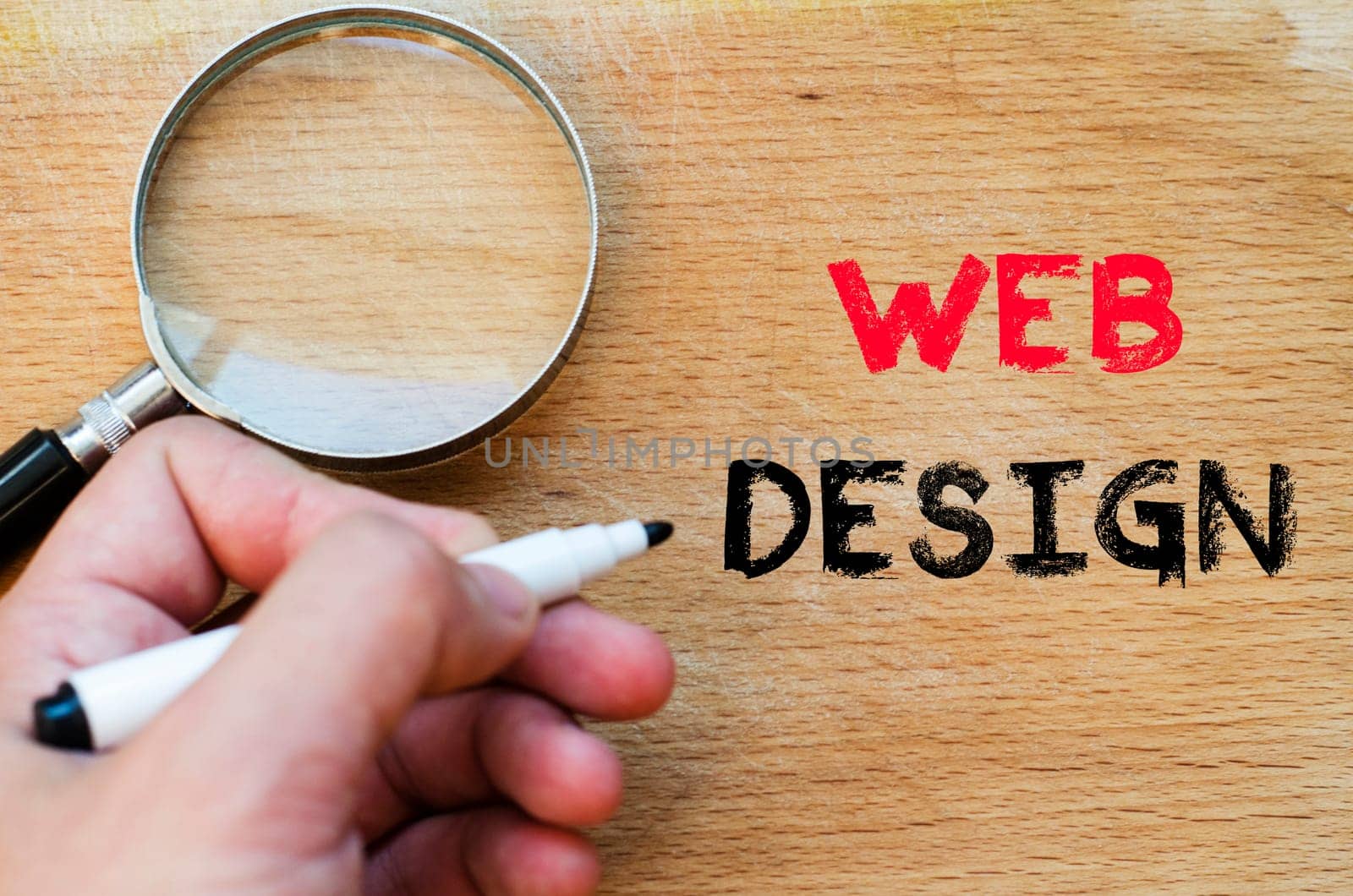 Human hand over wooden background and web design text concept