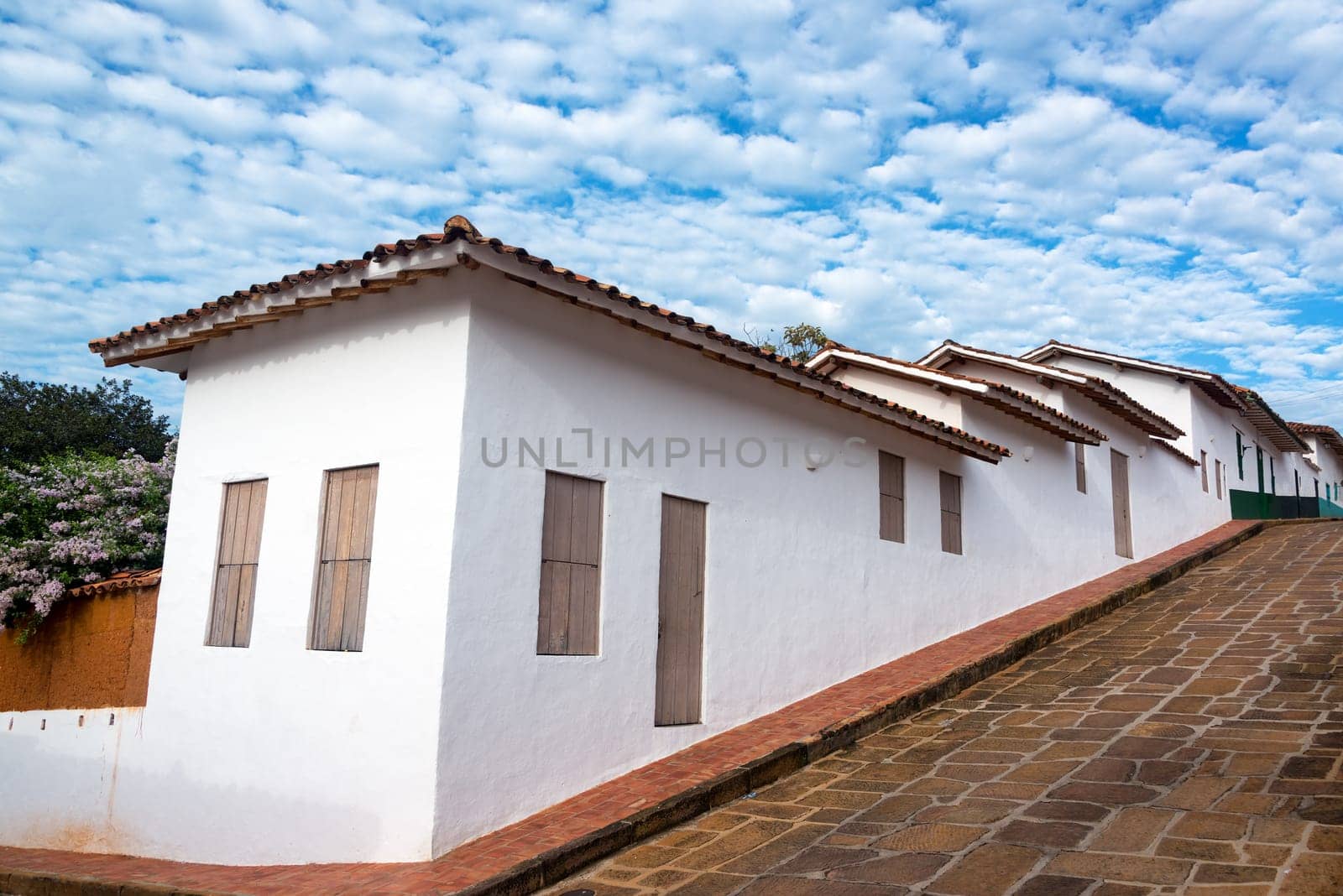 White colonial architecture and interesting sky in Barichara, Colombia