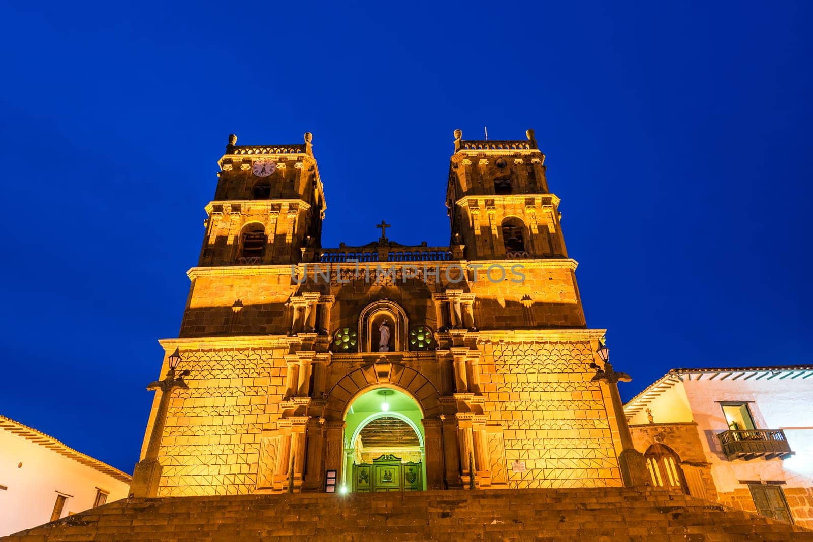 Night time shot of the cathedral in Barichara, Colombia after sunset during the blue hour