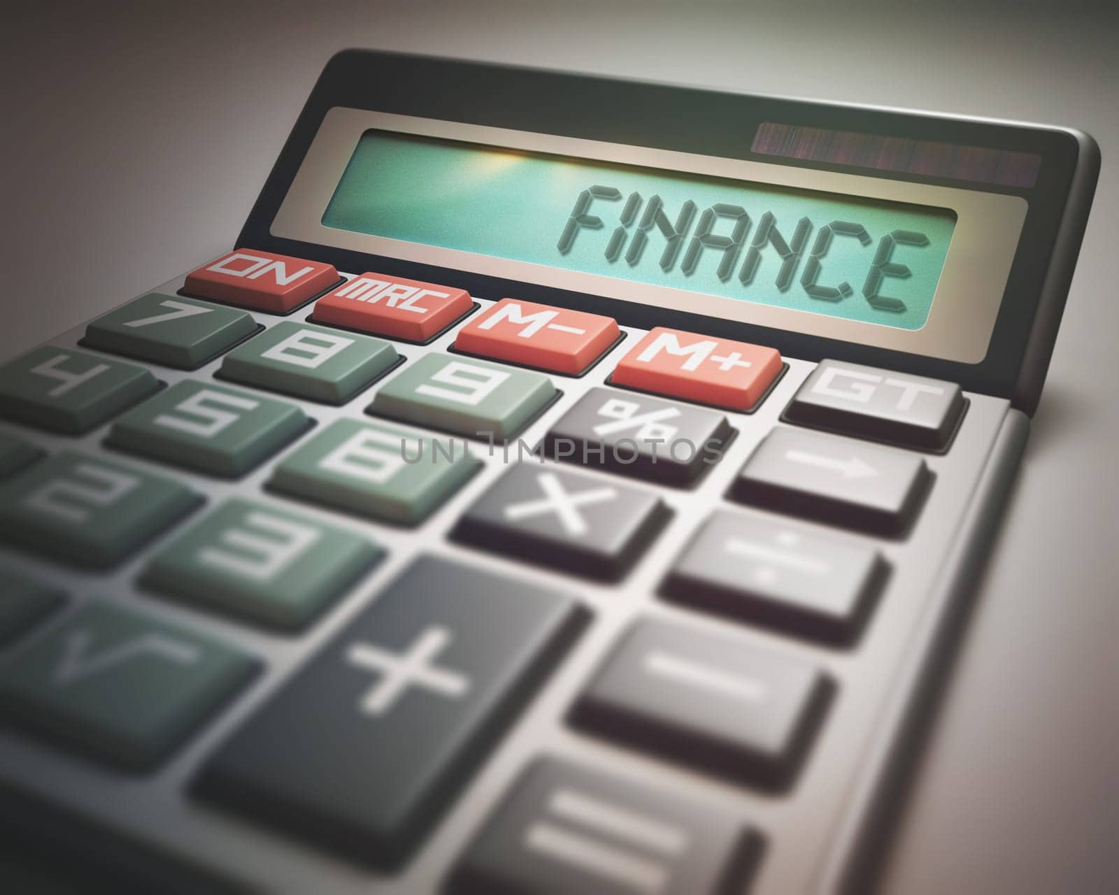 Solar calculator with the word FINANCE on the display. 3D illustration, concept image of Business and Finance.