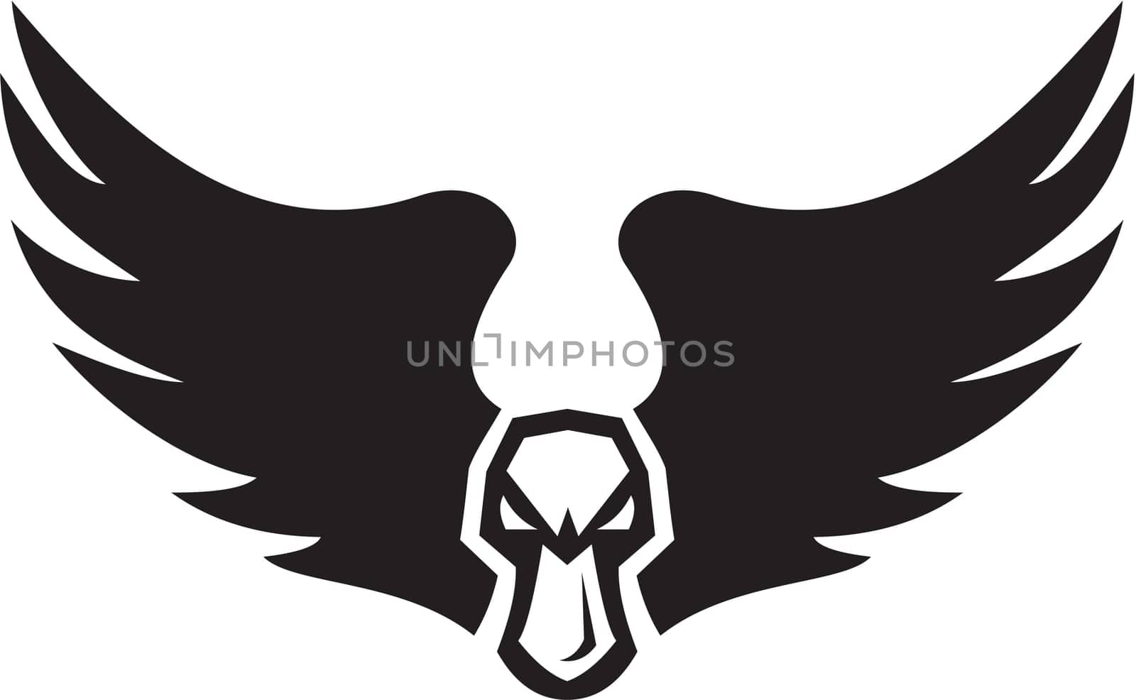 Illustration of an angry mallard duck head and wings set on isolated white background viewed from front done in retro style.