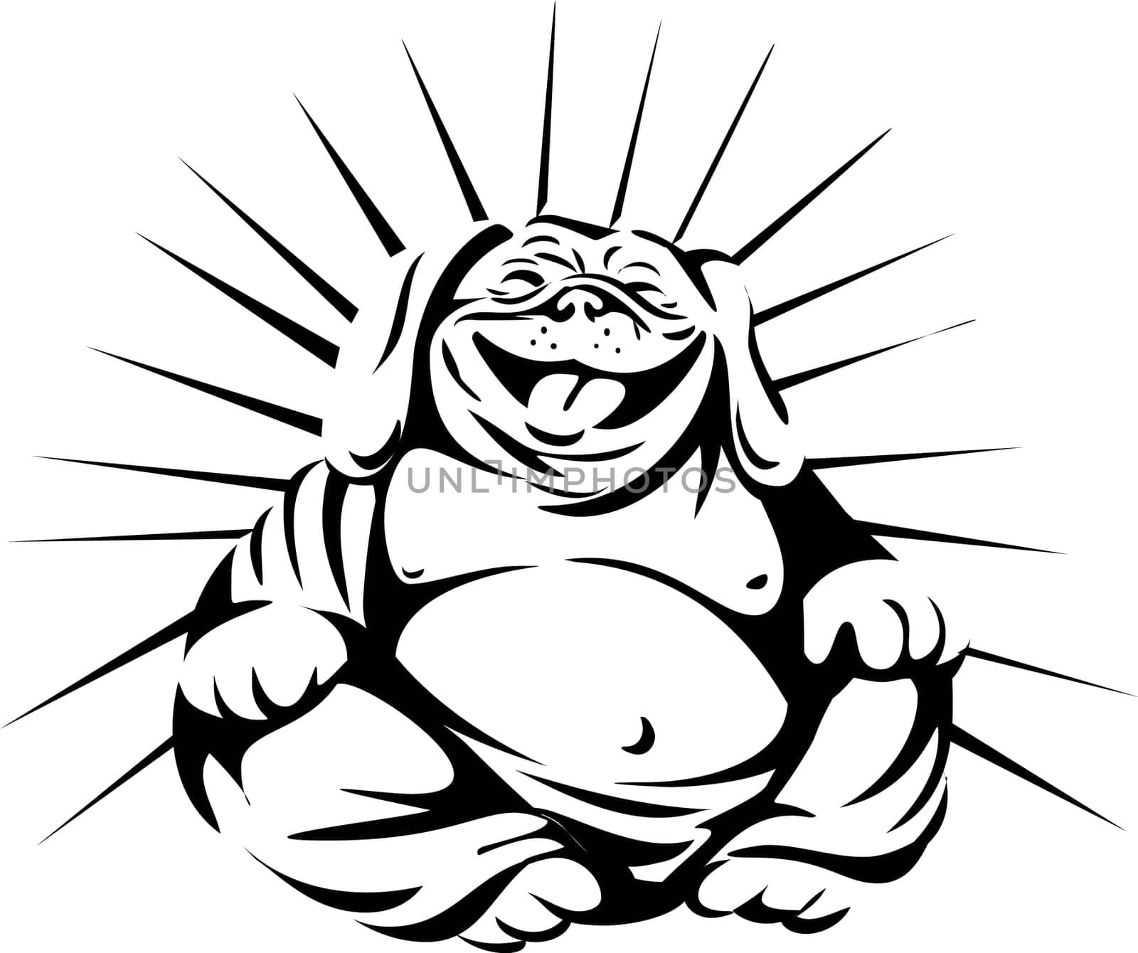Black and white illustration of a bulldog laughing buddha sitting viewed from front set on isolated white background done in retro style.
