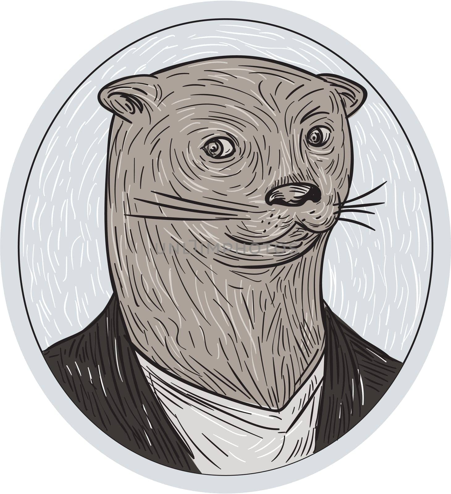 Drawing sketch style illustration of an otter head wearing shirt and blazer facing front set inside oval shape.