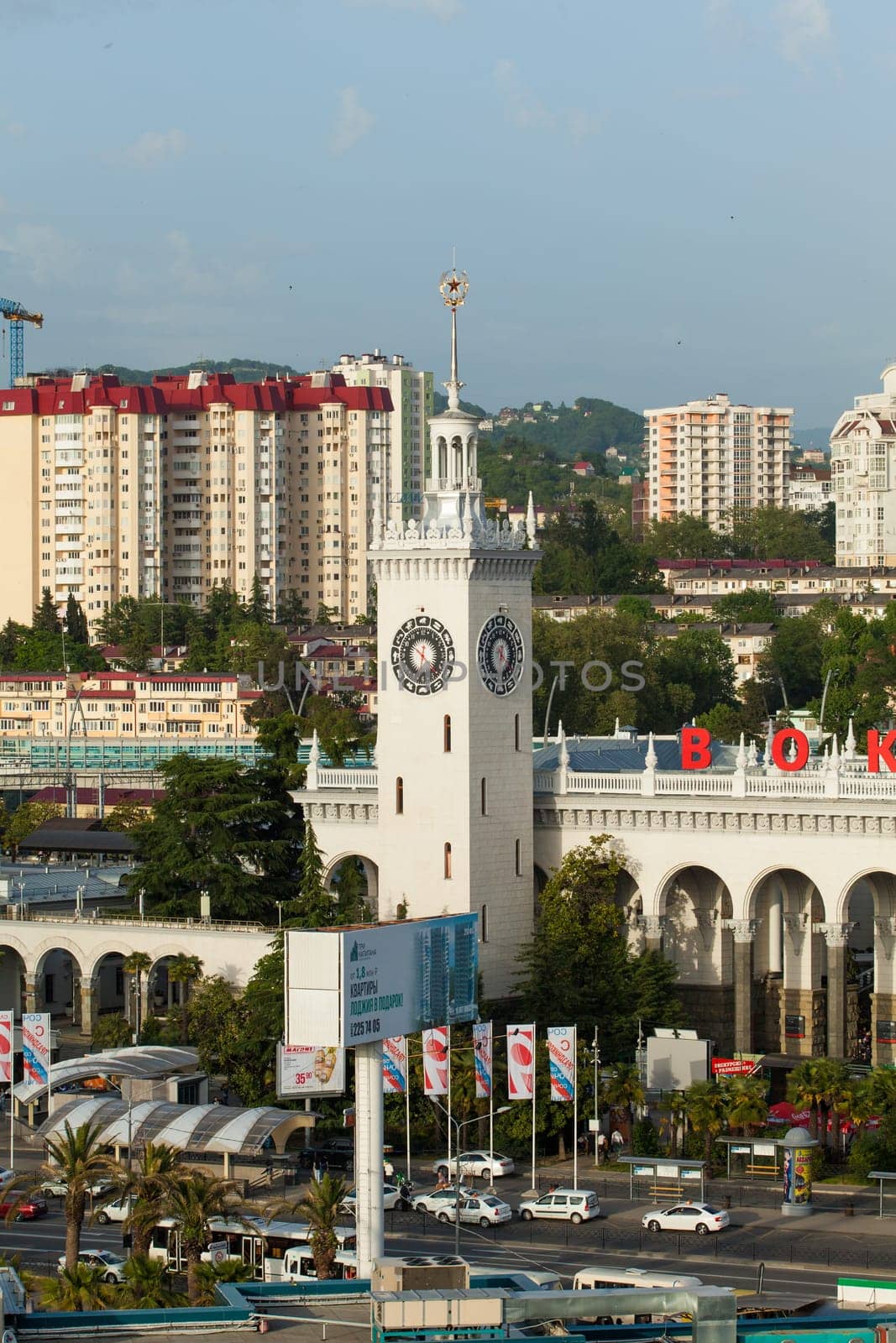 SOCHI, RUSSIA - MAY 14, 2016: The building of the railway station in Sochi, aerial view. It was built in 1952