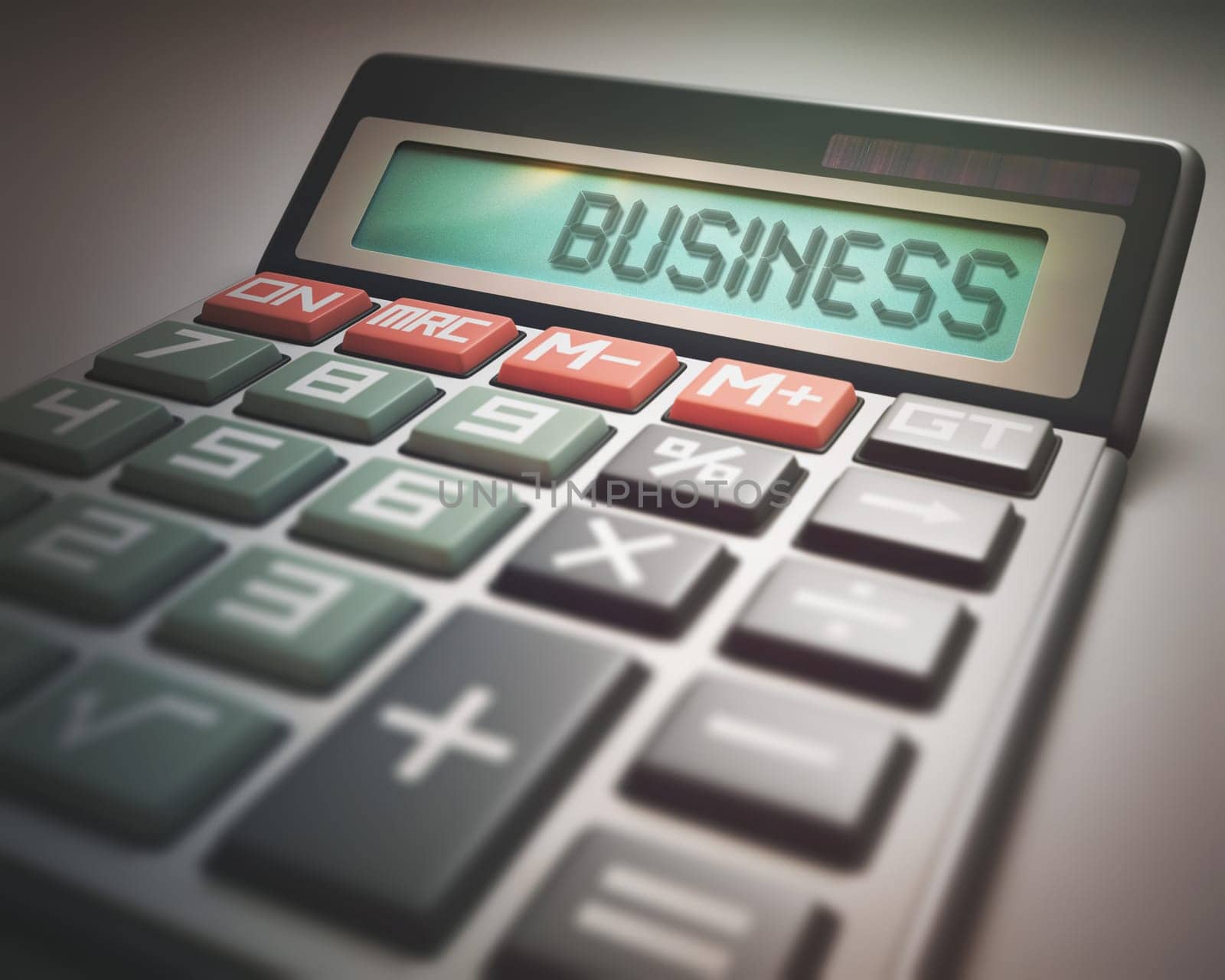 Solar calculator with the word BUSINESS on the display. 3D illustration, concept image of Business and Finance.