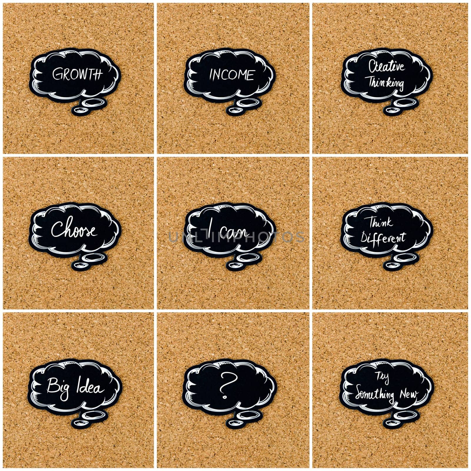 Photo collage of various words written on black thinking bubble over cork board background, copy space available