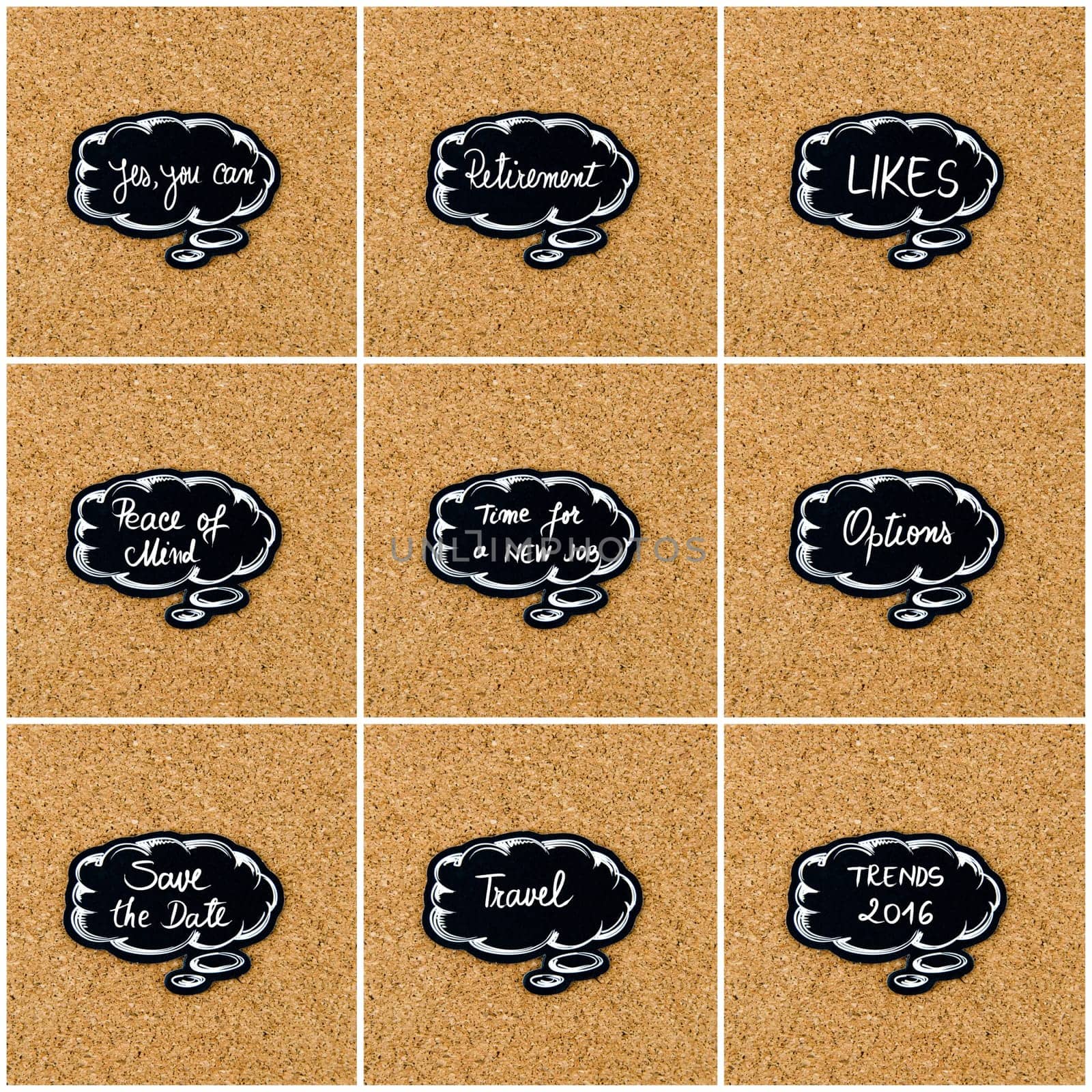 Photo collage of various words written on black thinking bubble over cork board background, copy space available