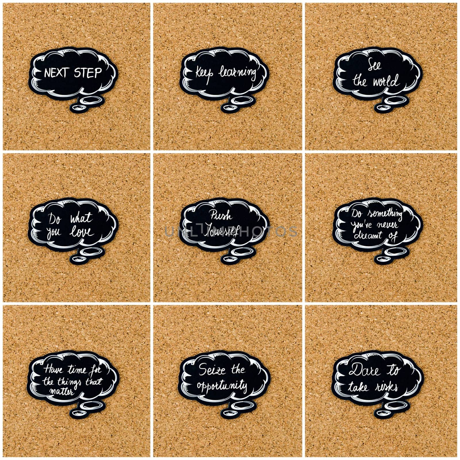 Photo collage of various words written on black thinking bubble over cork board background, copy space available
