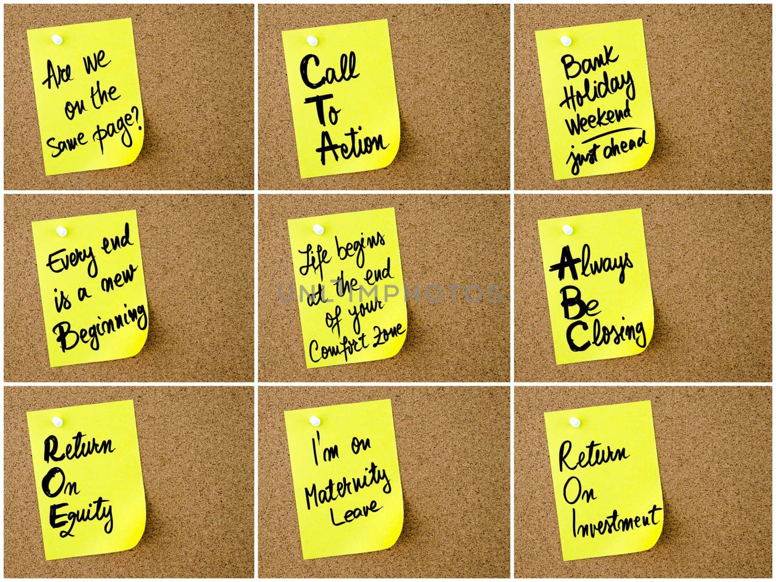 Collage of Business Acronyms written on yellow paper note pinned on cork board with white thumbtack, copy space available