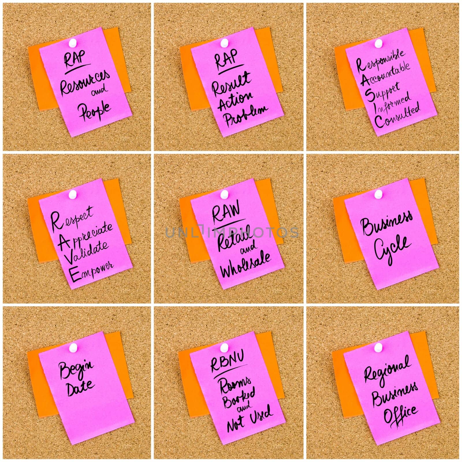 Collage of Business Acronyms written on paper note pinned on cork board with white thumbtack, copy space available