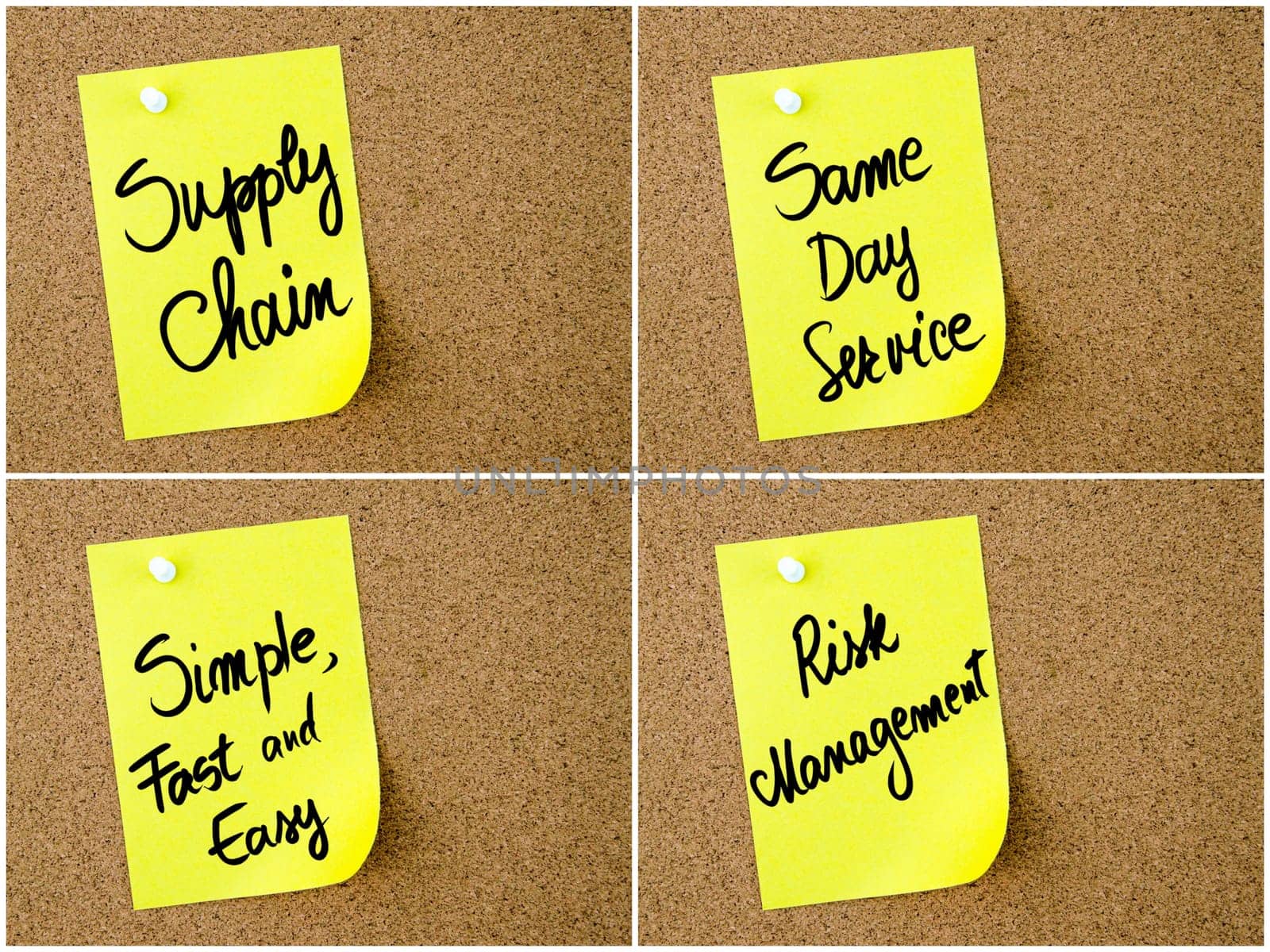 Collage of Business Acronyms written on yellow paper note pinned on cork board with white thumbtack, copy space available