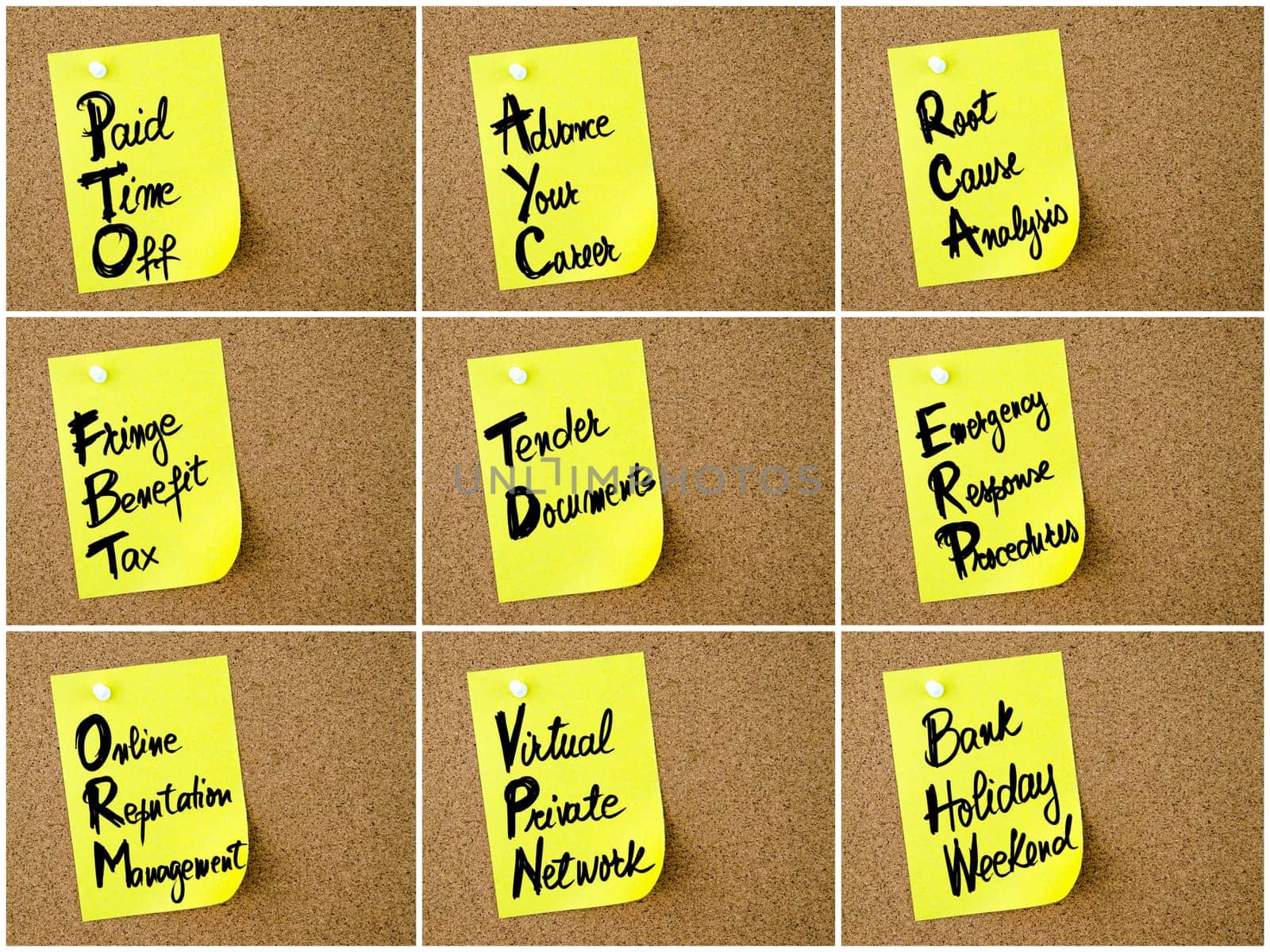 Collage of Business Acronyms written on yellow paper note pinned on cork board with white thumbtack, copy space available