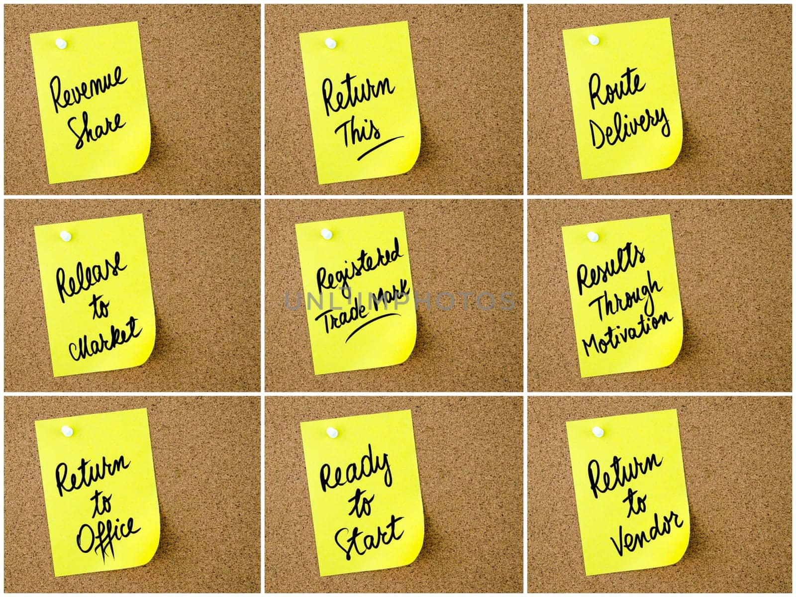 Collage of Business Acronyms written on yellow paper note pinned on cork board with white thumbtack, copy space available
